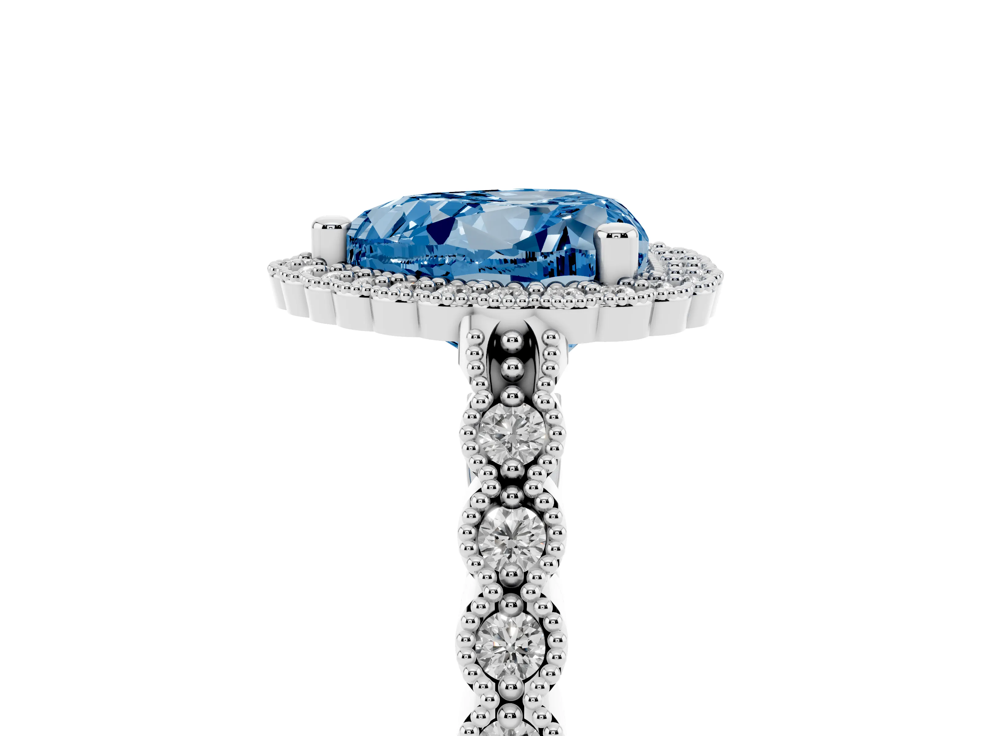 Fancy Blue Heart Cut Diamond Halo Ring Set in Platinum with Pavé Milgrain Band