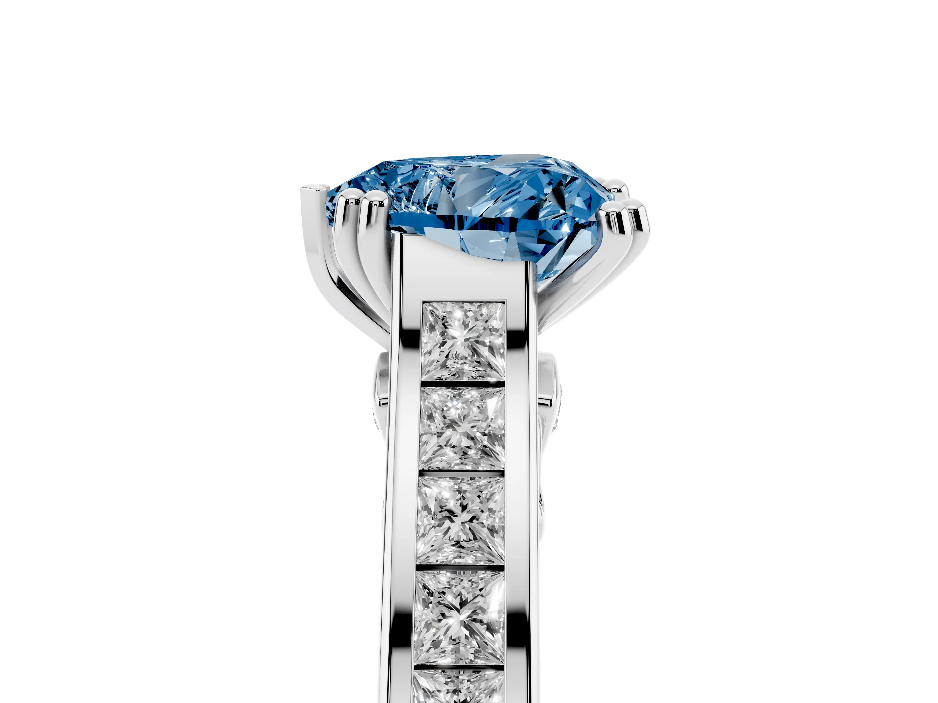 Fancy Blue Heart Cut Diamond Channel Set Solitaire Engagement Ring Set in Silver with Prong Setting