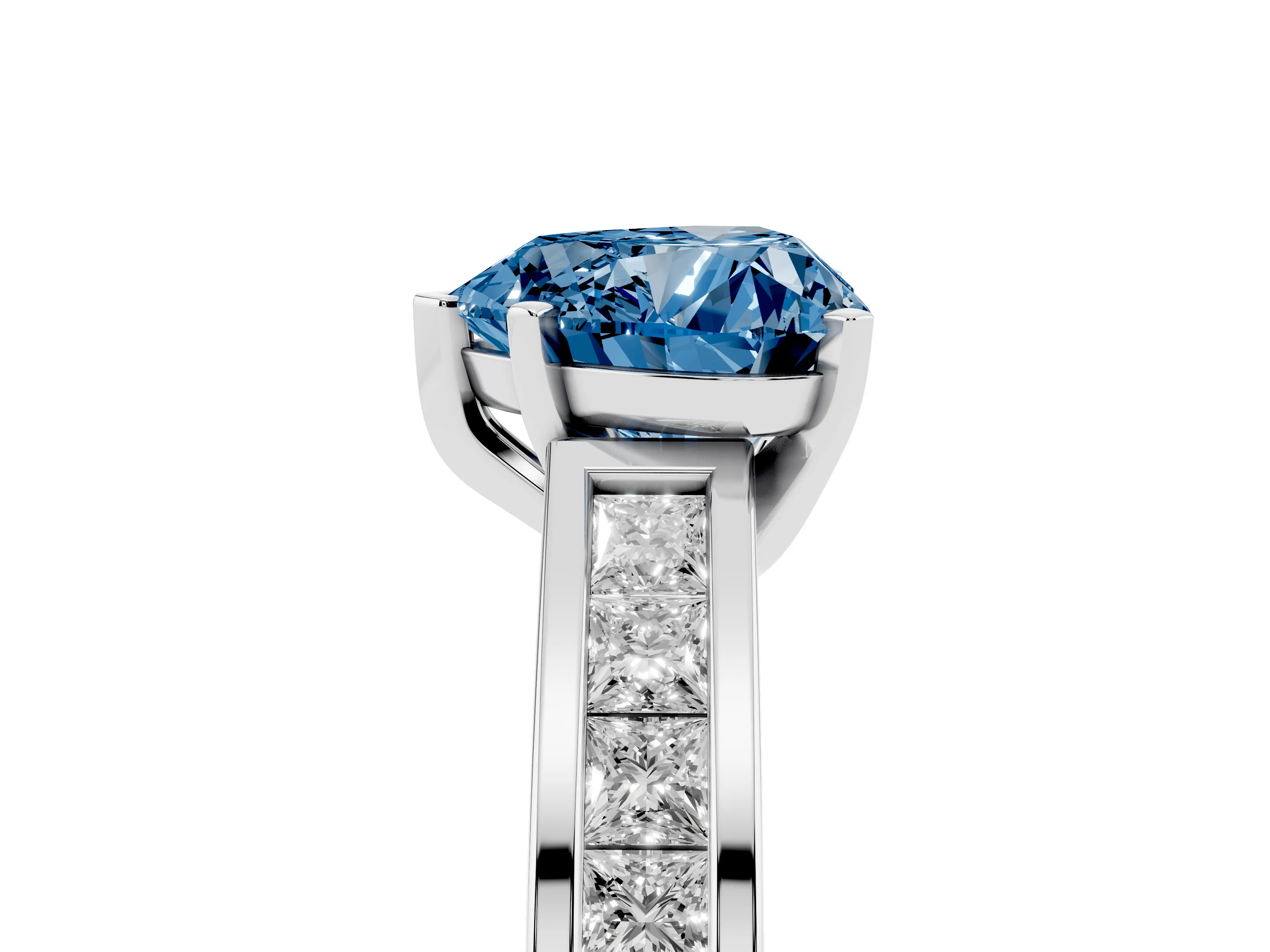 Fancy Blue Heart Cut Diamond Solitaire Ring Set in White gold with Channel-Set Band and Prong Setting