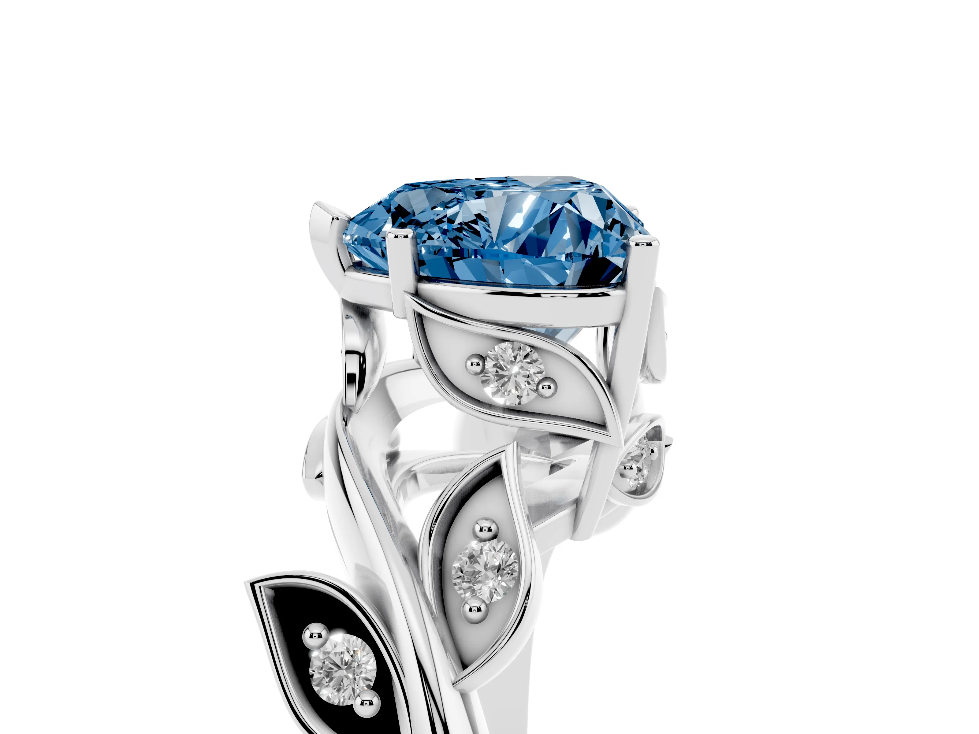 Fancy Blue Heart Cut Diamond Solitaire Twist Engagement Ring Set in White gold with Pavé Leaf Accents
