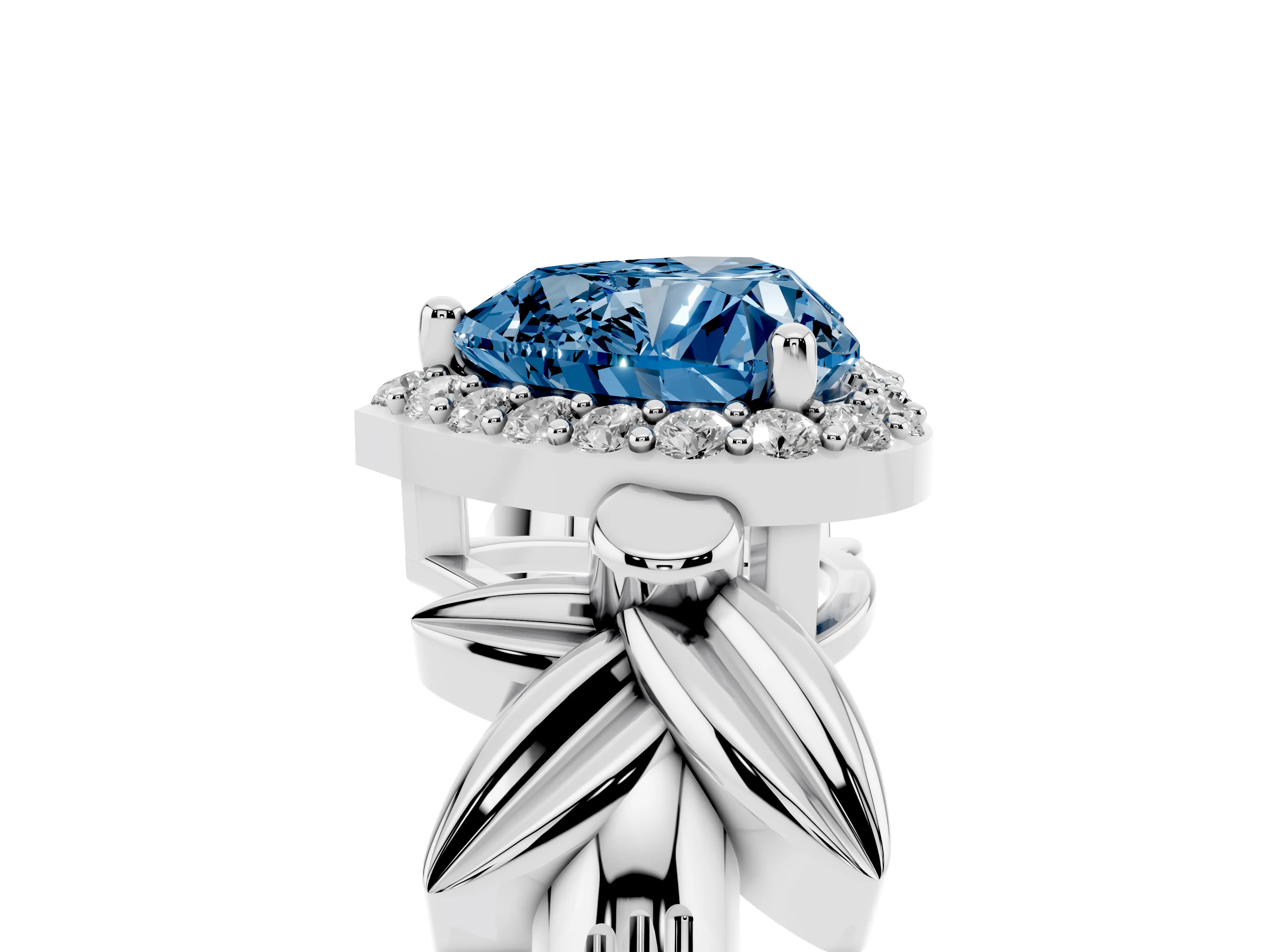 Fancy Blue Heart Cut Diamond Halo Floral Band Ring Set in Silver with Prong Setting