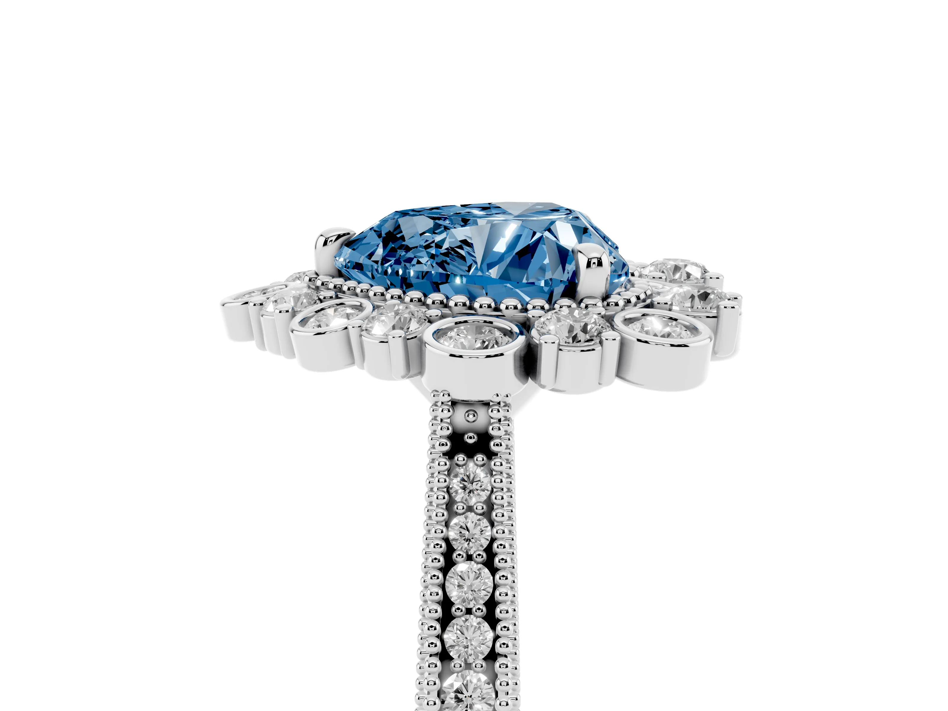 Fancy Blue Heart Cut Diamond Halo Milgrain Pavé Ring Set in White gold with Prong Setting
