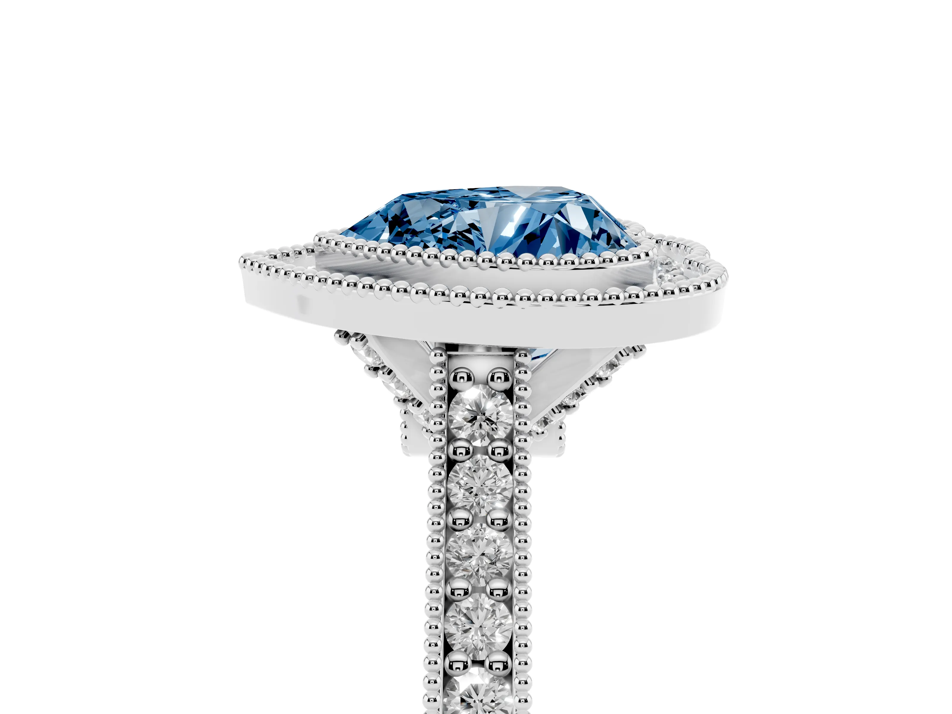 Fancy Blue Heart Cut Diamond Halo Milgrain Pavé Band Ring Set in White gold with Prong Setting