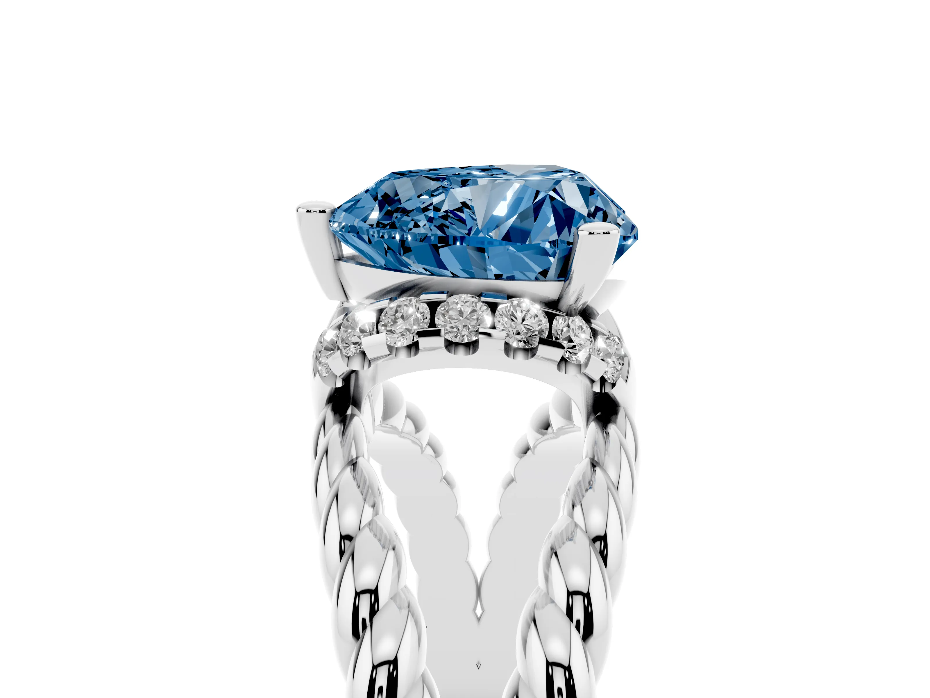 Fancy Blue Heart Cut Diamond Halo Ring Set in White gold with Twisted Band and Prong Setting