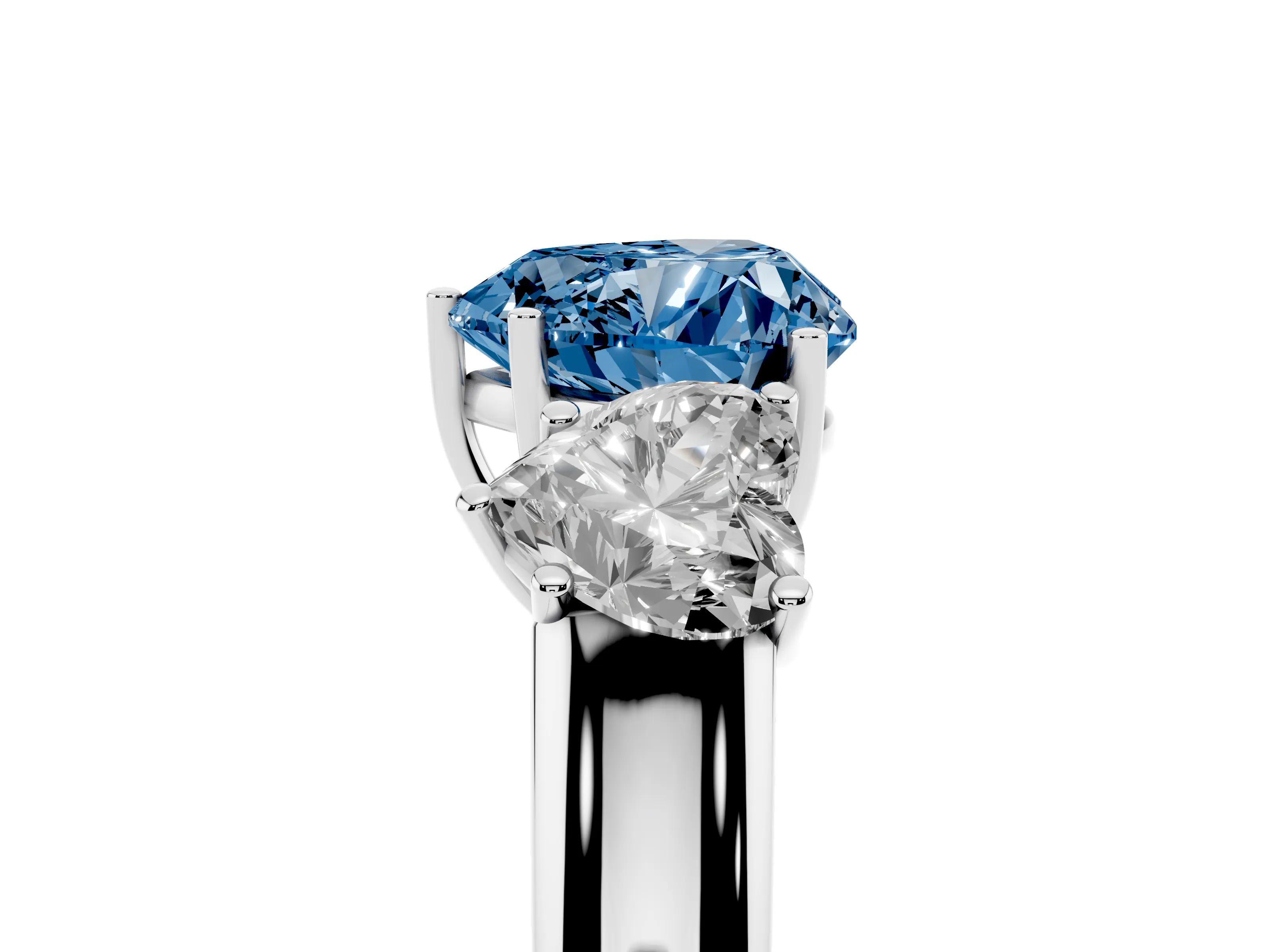 Fancy Blue Three-Stone Heart Cut Diamond Ring Set in Silver with Matching Prong Settings and Plain Band