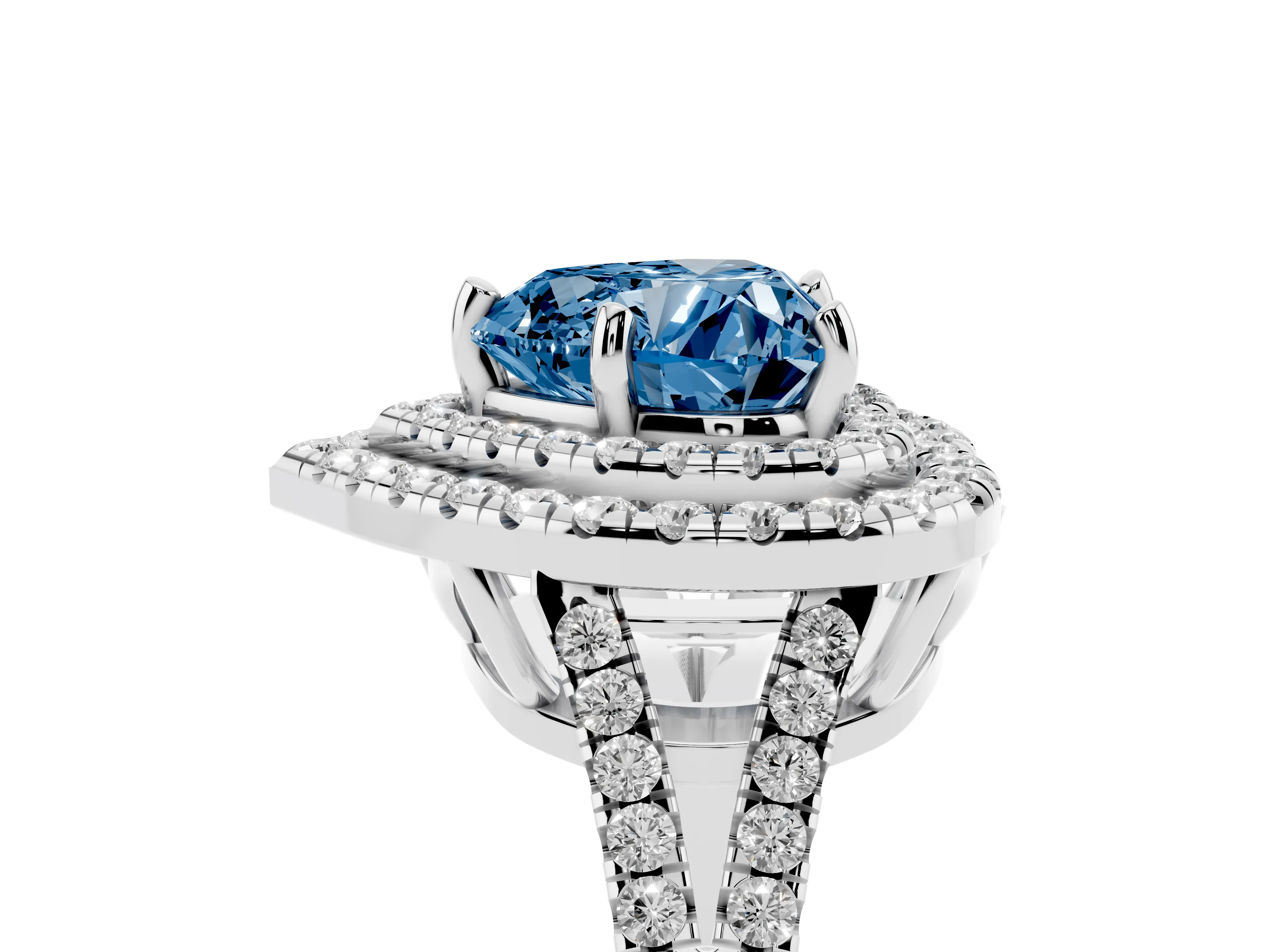 Fancy Blue Heart Cut Diamond Double Halo Ring Set in Silver with Pavé Band