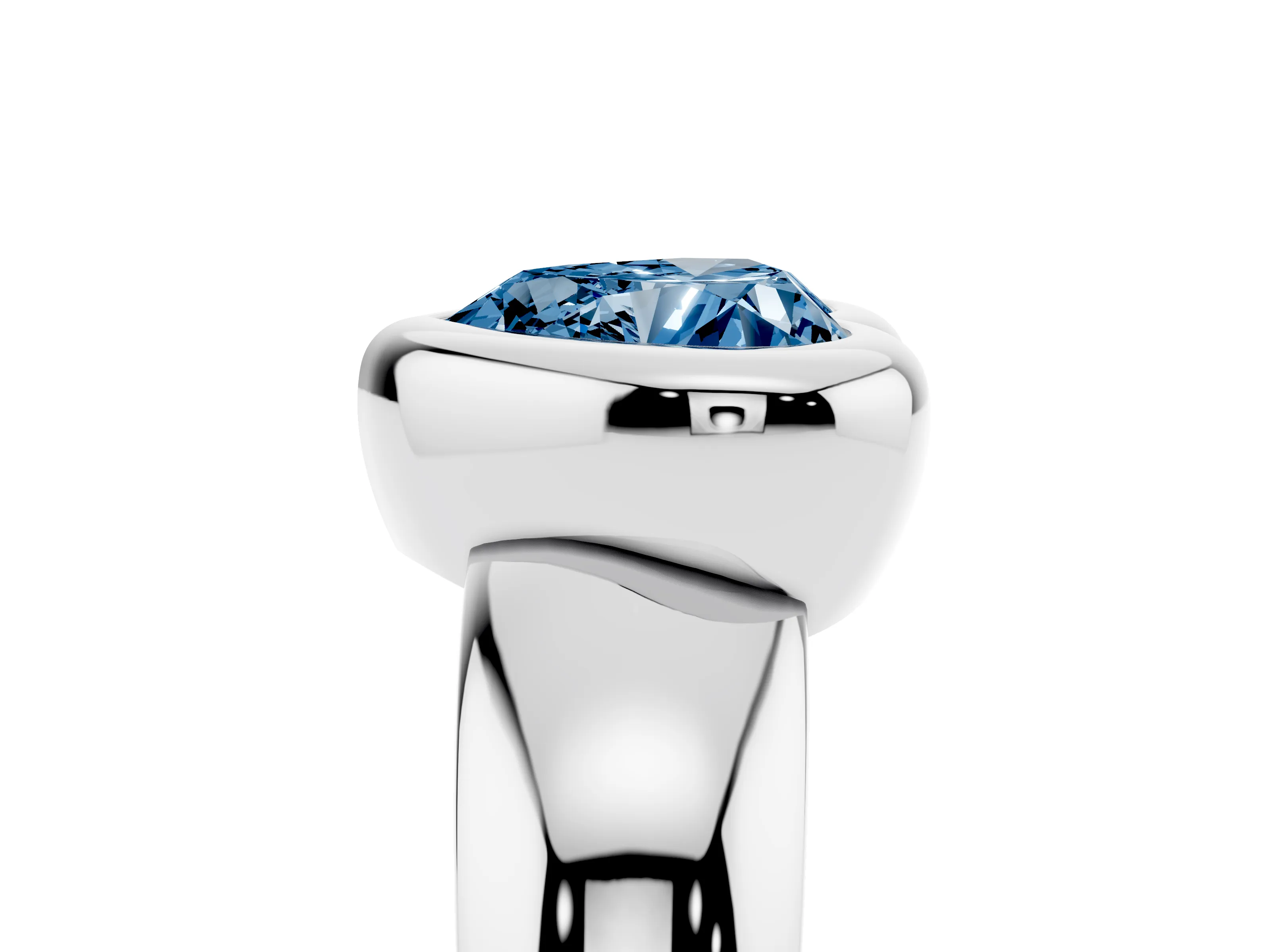 Fancy Blue Bezel Set Heart Cut Diamond Solitaire Ring Set in White gold with Wide Band