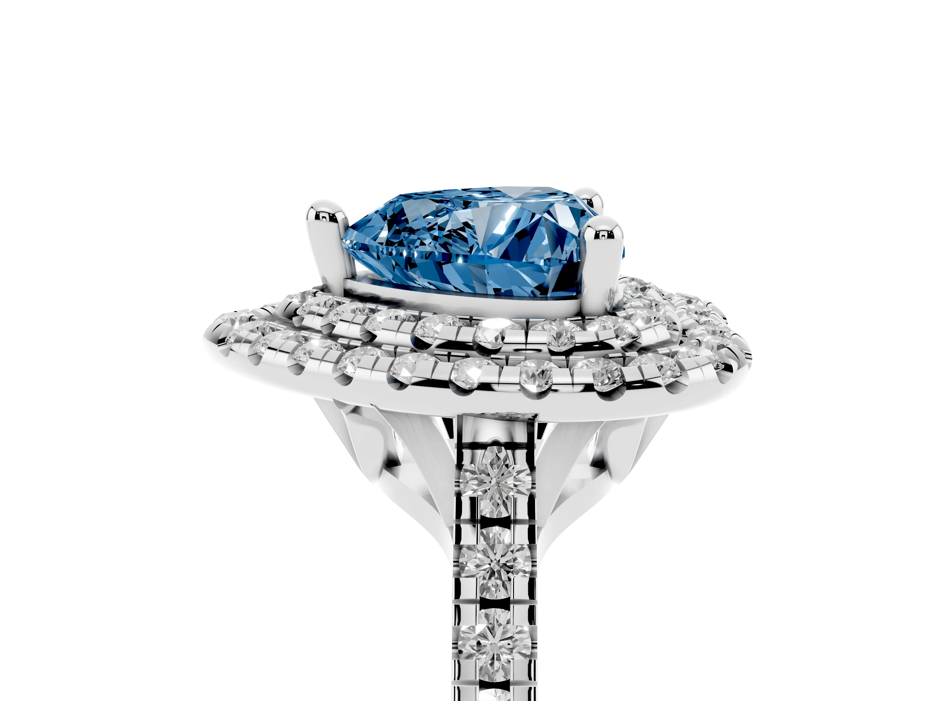 Fancy Blue Heart Cut Diamond Double Halo Statement Ring Set in Silver with Pavé Band