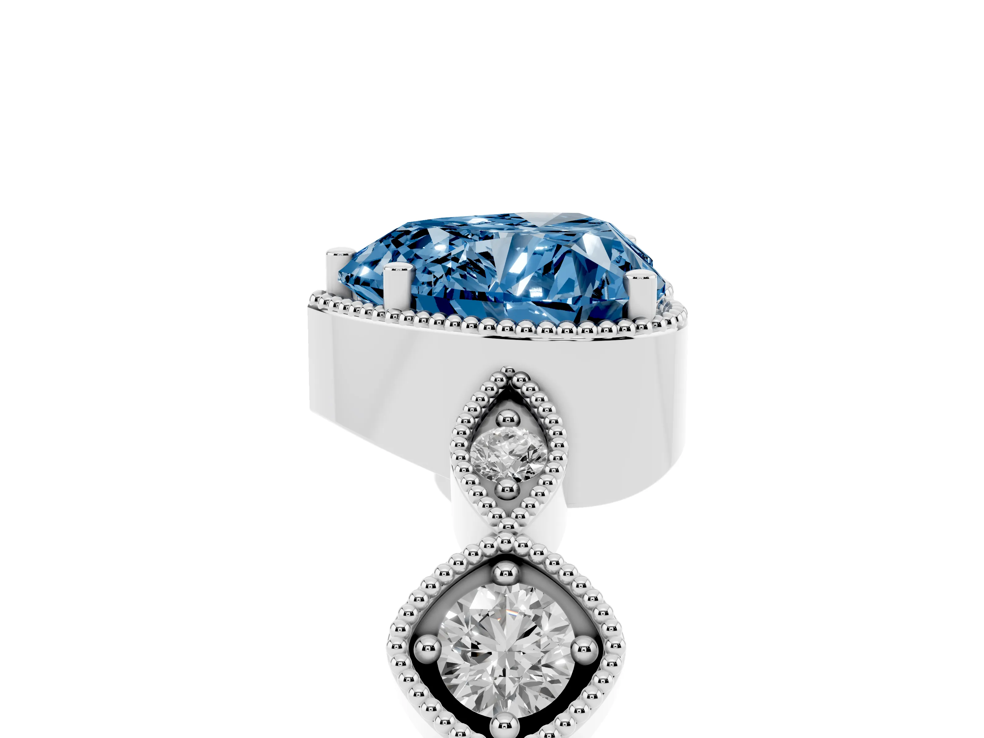 Fancy Blue Heart Cut Diamond Vintage-Inspired Milgrain Ring Set in White gold with Marquise Stations of Round Accents