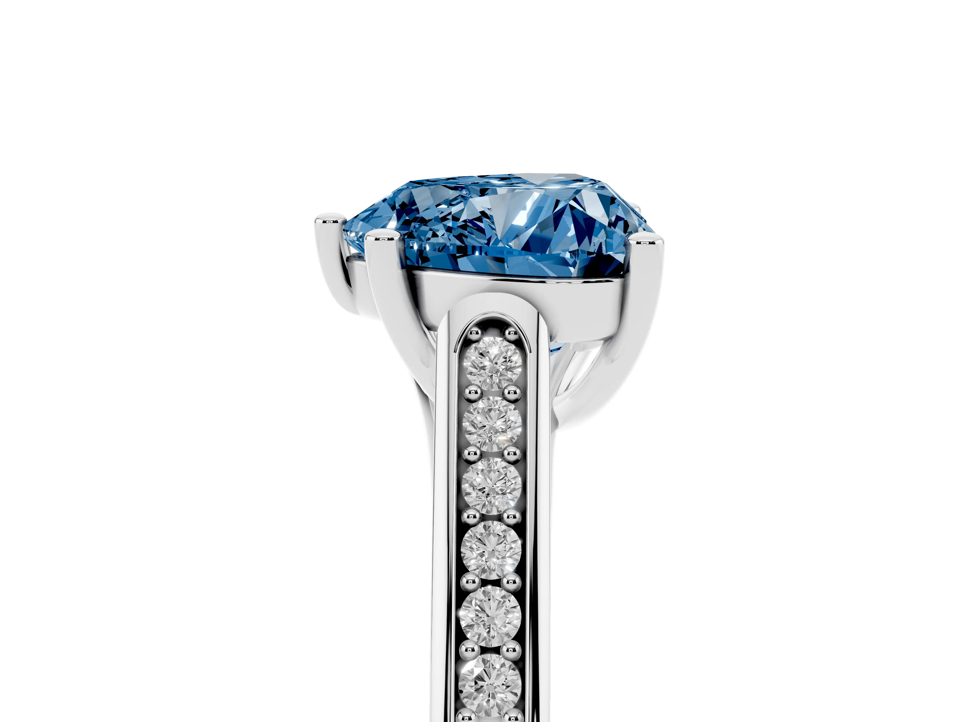 Fancy Blue Heart Cut Diamond Solitaire Cathedral Engagement Ring Set in White gold with Channel-Set Band and Prong Setting