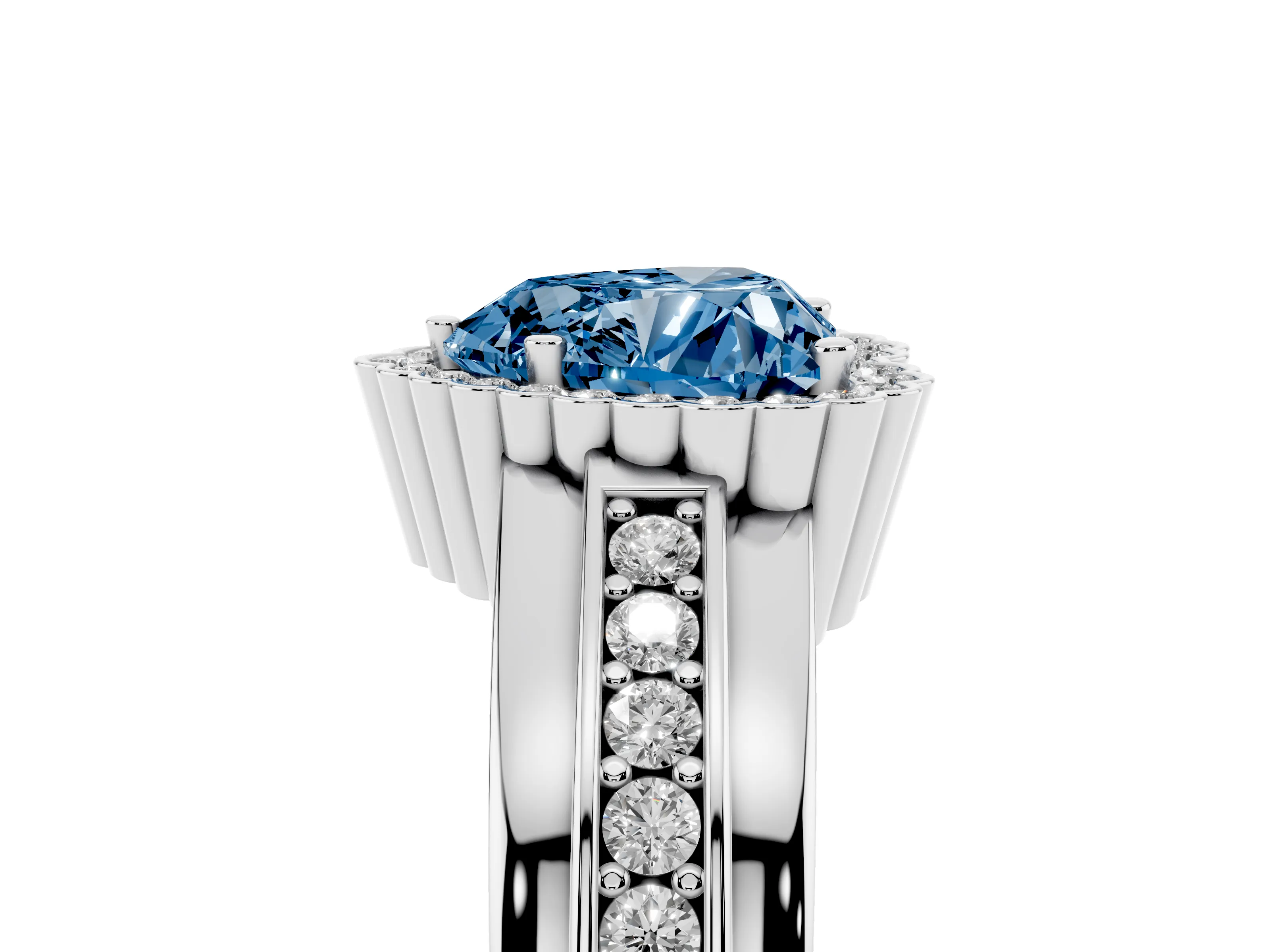 Fancy Blue Heart Cut Diamond Halo Prong Ring Set in Platinum with Pavé Band