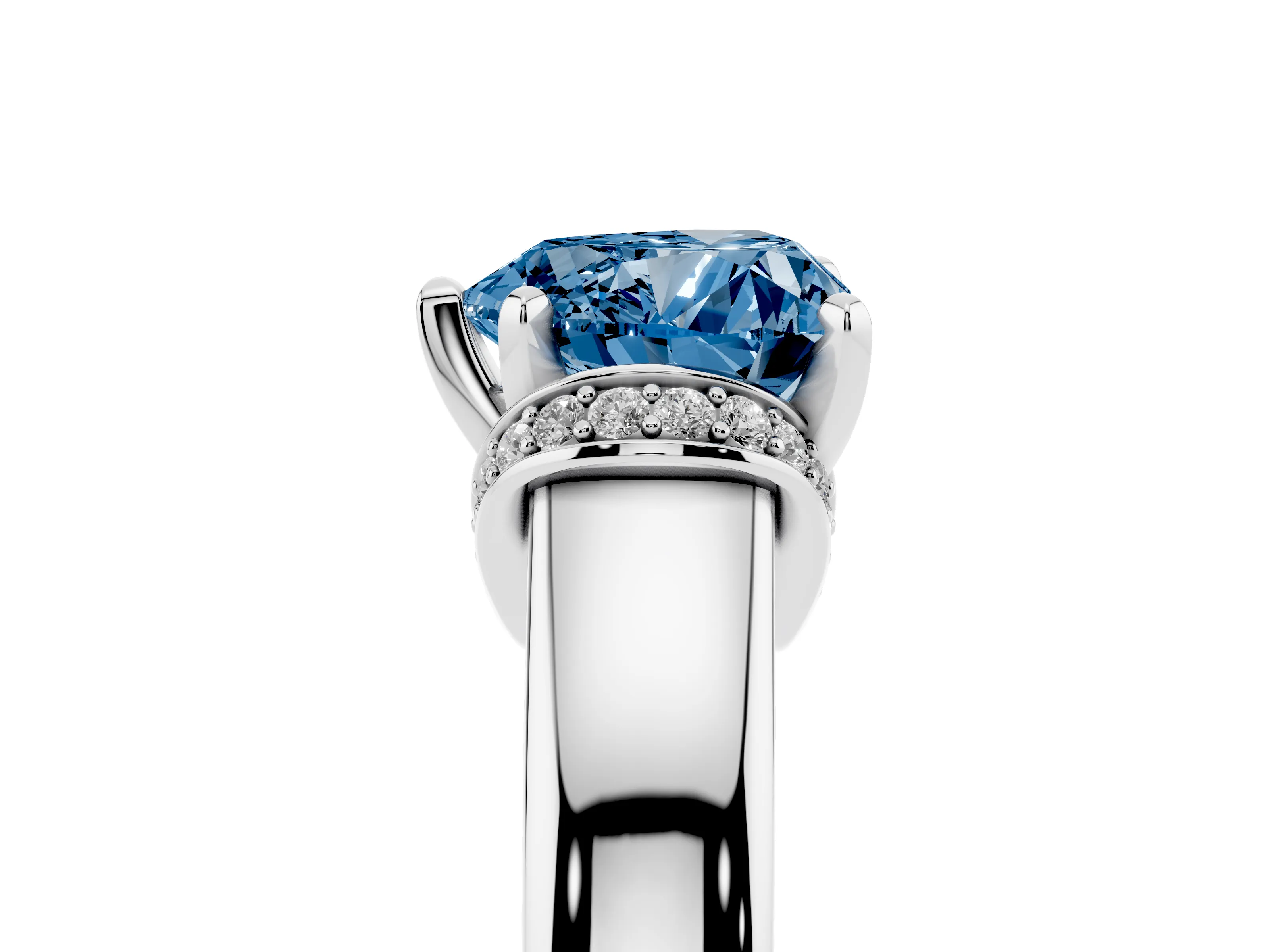 Fancy Blue Heart Cut Diamond Pavé Band Solitaire Ring Set in Platinum with Prong Setting