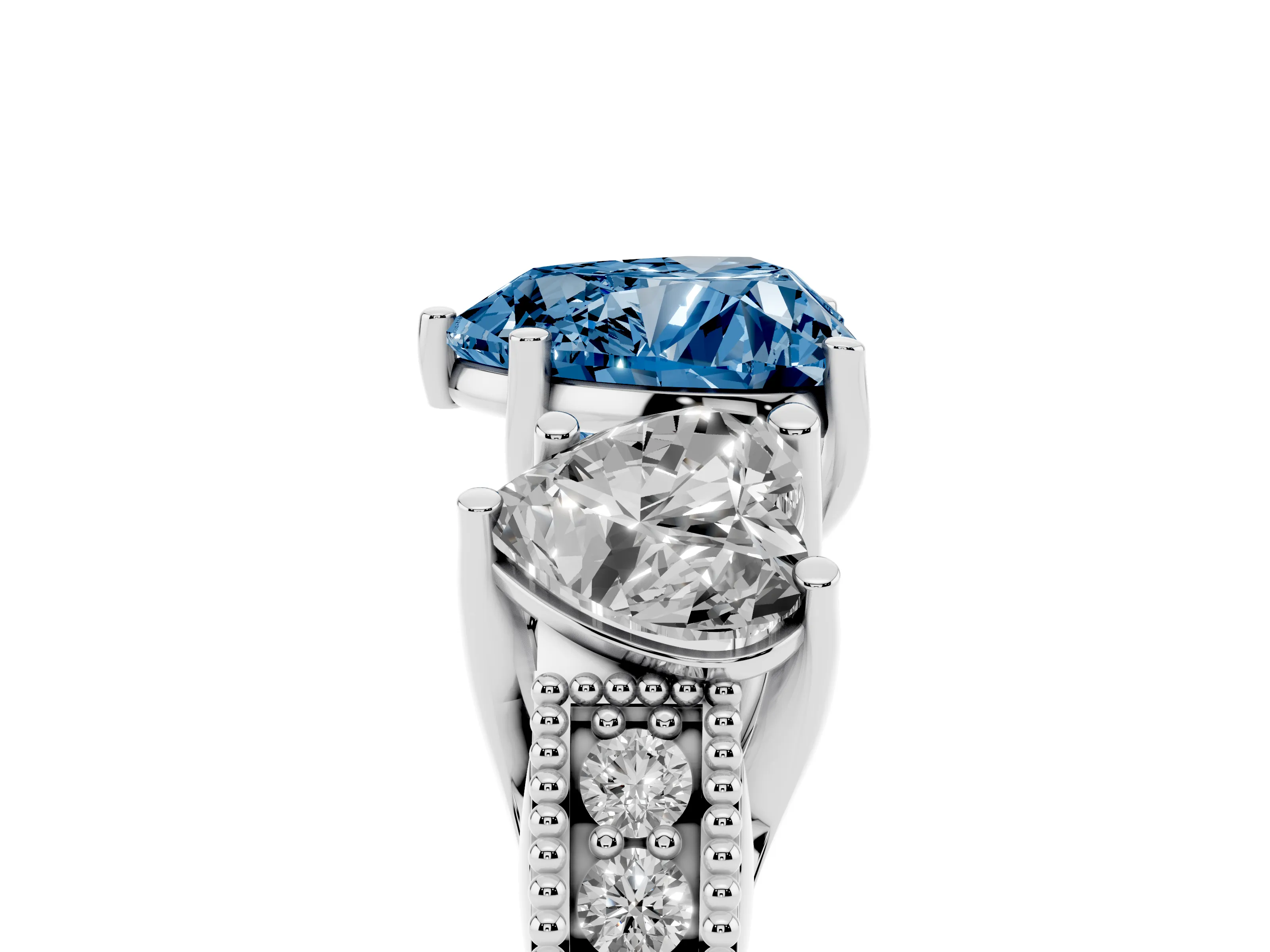 Fancy Blue Heart Cut Diamond Three-Stone Engagement Ring Set in Platinum with Milgrain Pavé Band