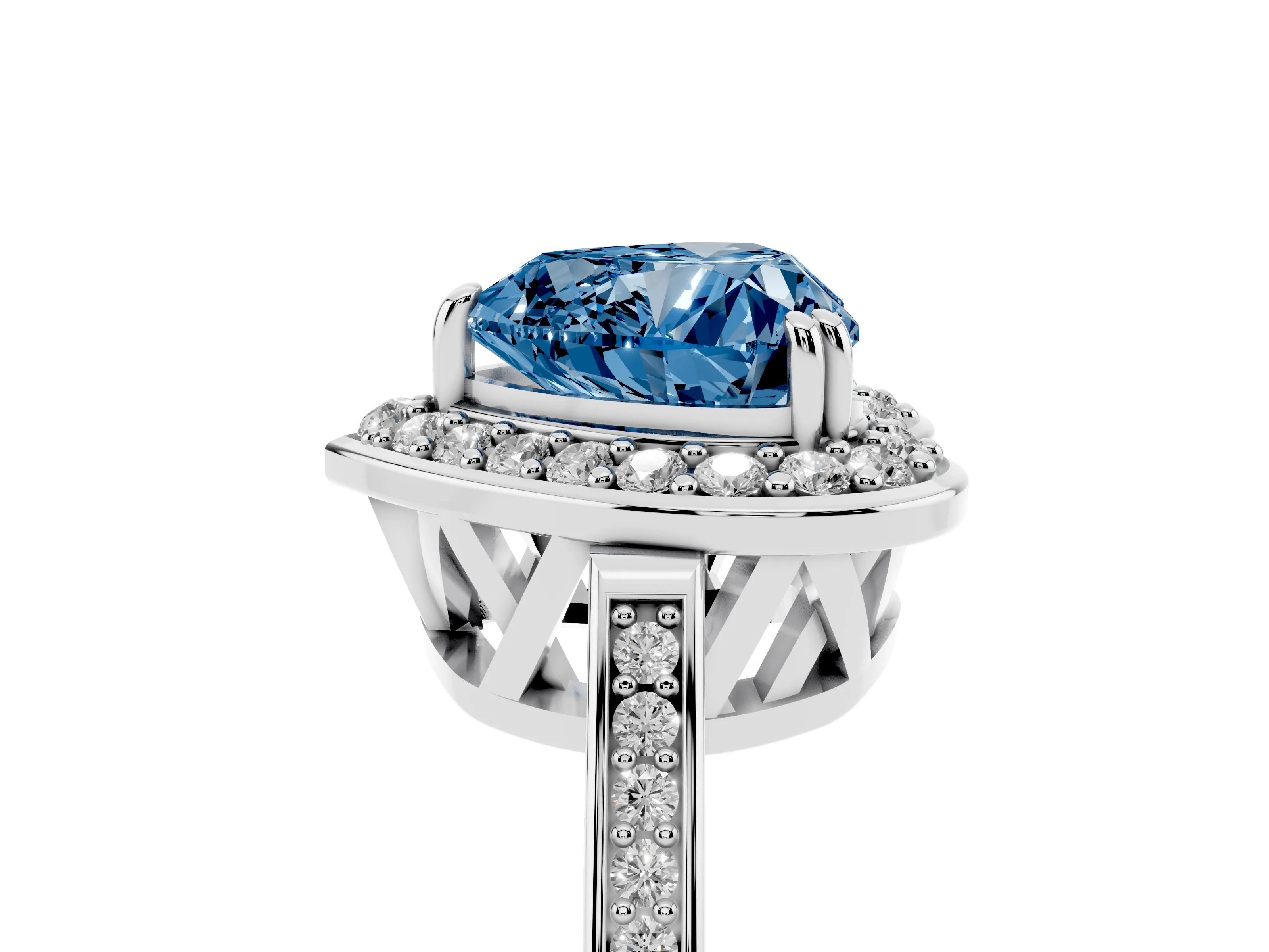 Fancy Blue Heart Cut Diamond Halo Ring Set in Platinum with Accent-Lined Split Shank and Prong Setting