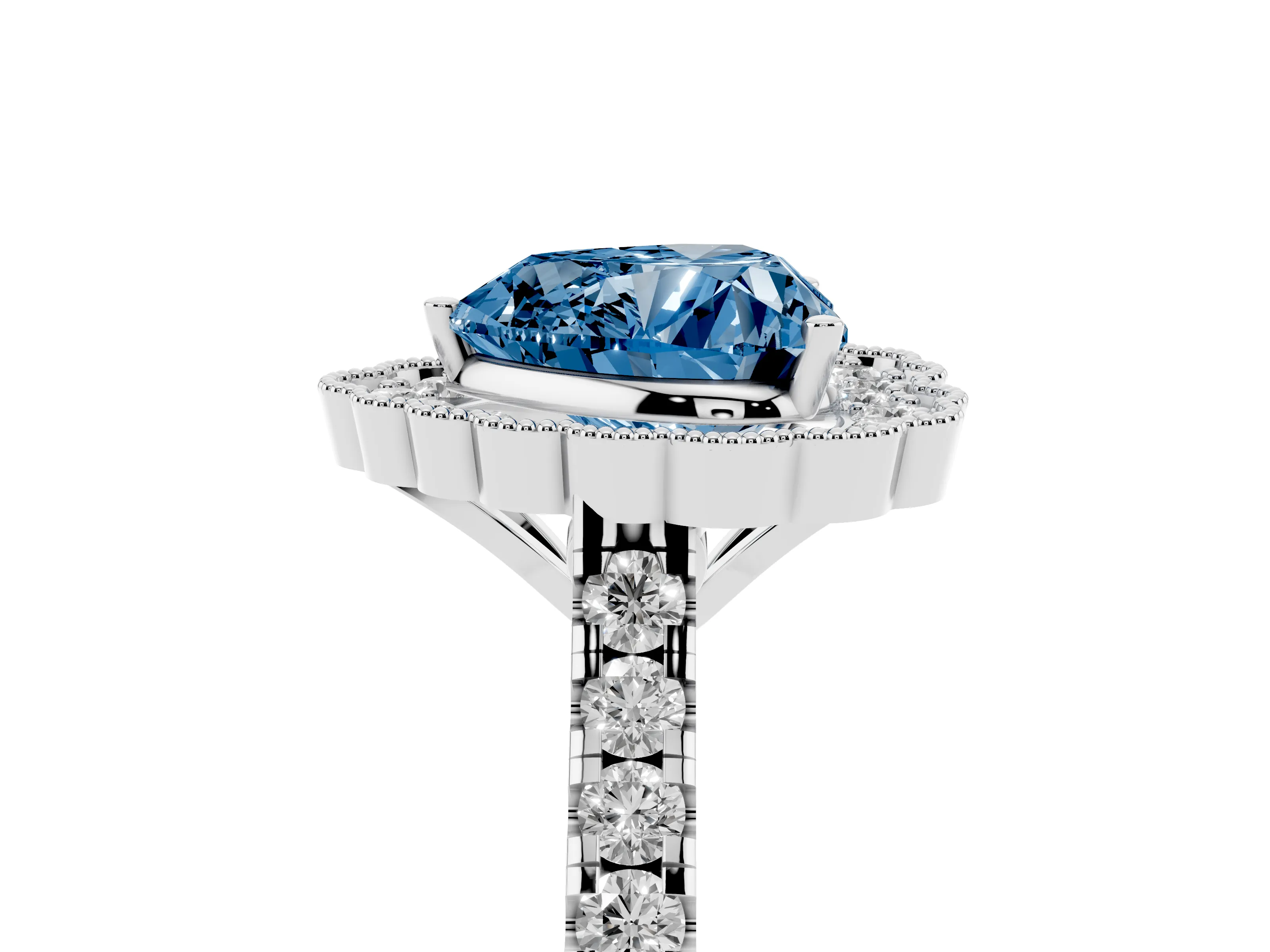 Fancy Blue Heart Cut Diamond Milgrain Floral Halo Engagement Ring Set in Platinum with Pavé Band