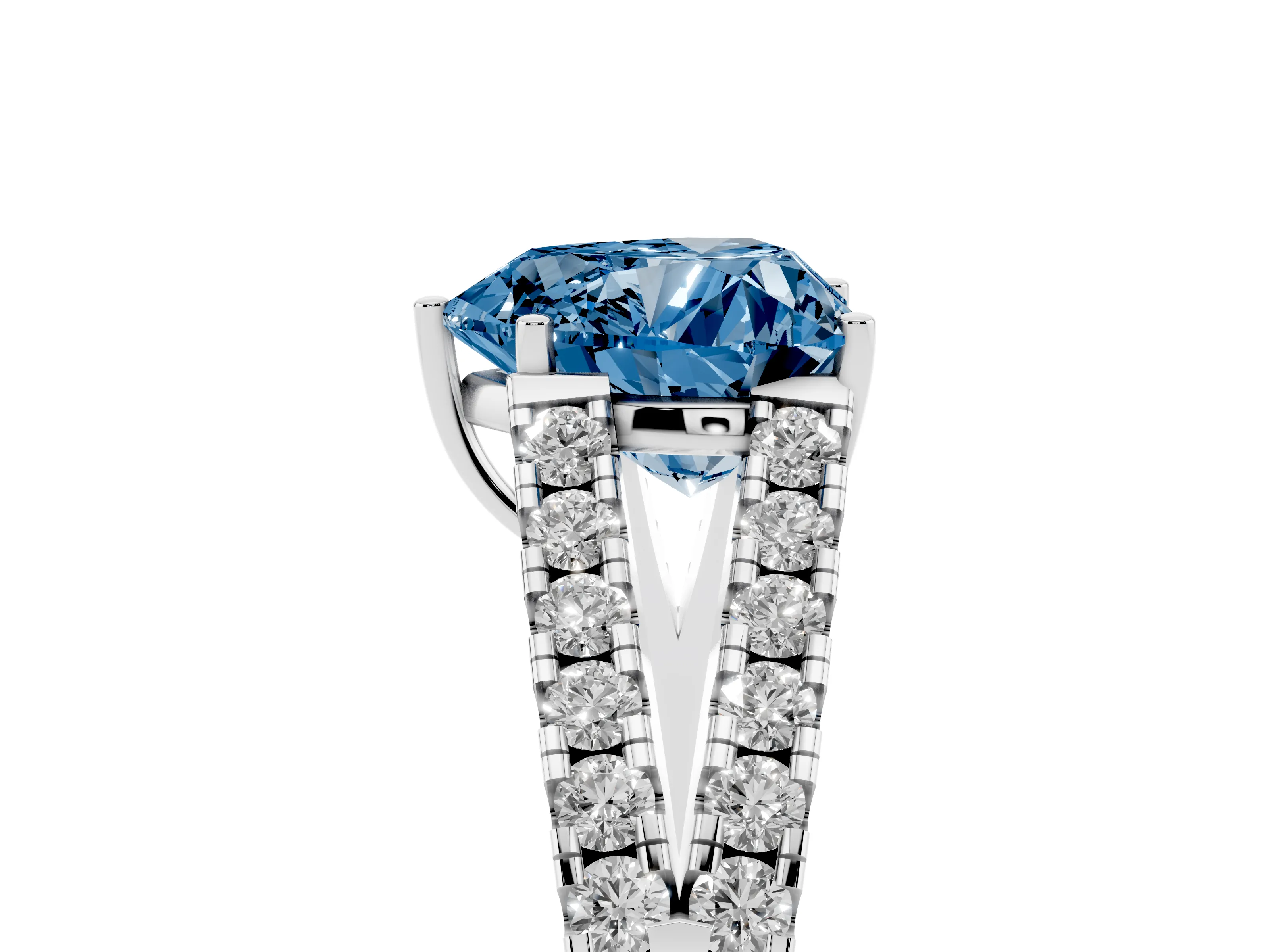 Fancy Blue Heart Cut Diamond Split Shank Pavé Engagement Ring Set in Platinum with Prong-Held Center Stone