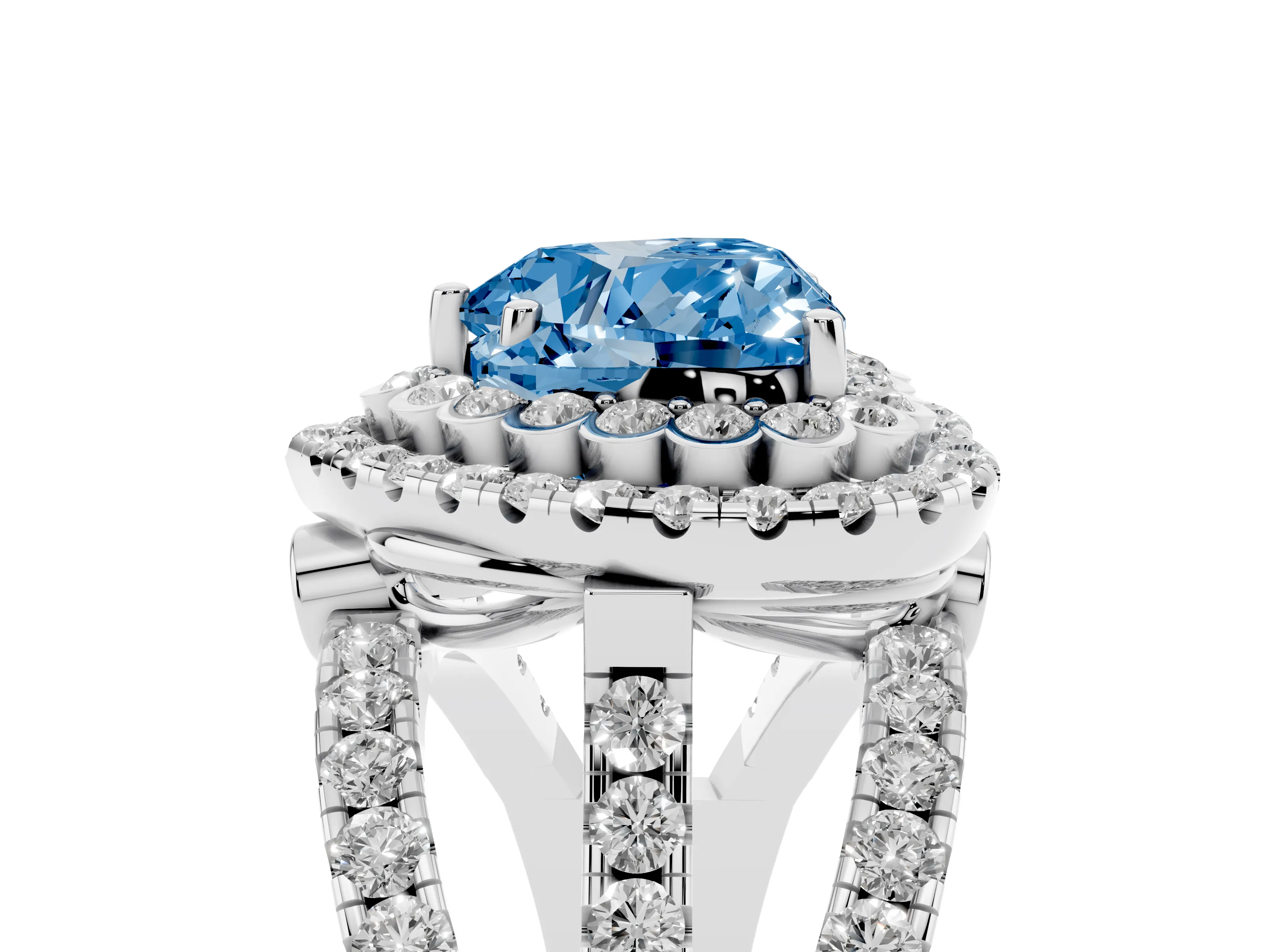 Fancy Blue Heart Cut Diamond Double Halo Ring Set in Silver with Round Pavé Split Shank