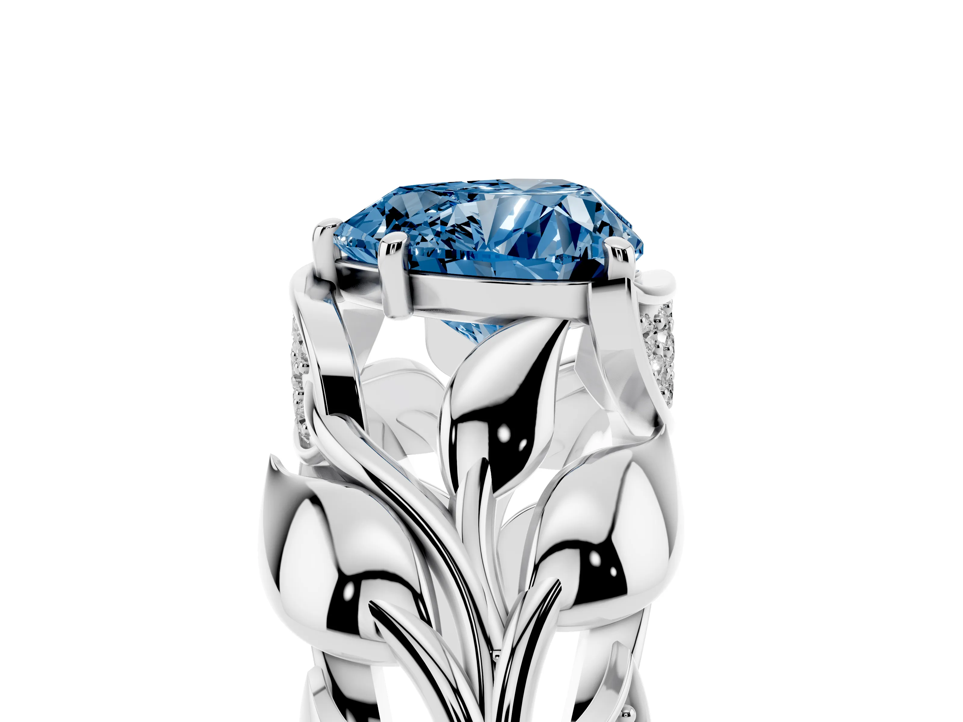 Fancy Blue Heart Cut Diamond Leaf-Inspired Engagement Ring Set in Silver with Round Accents