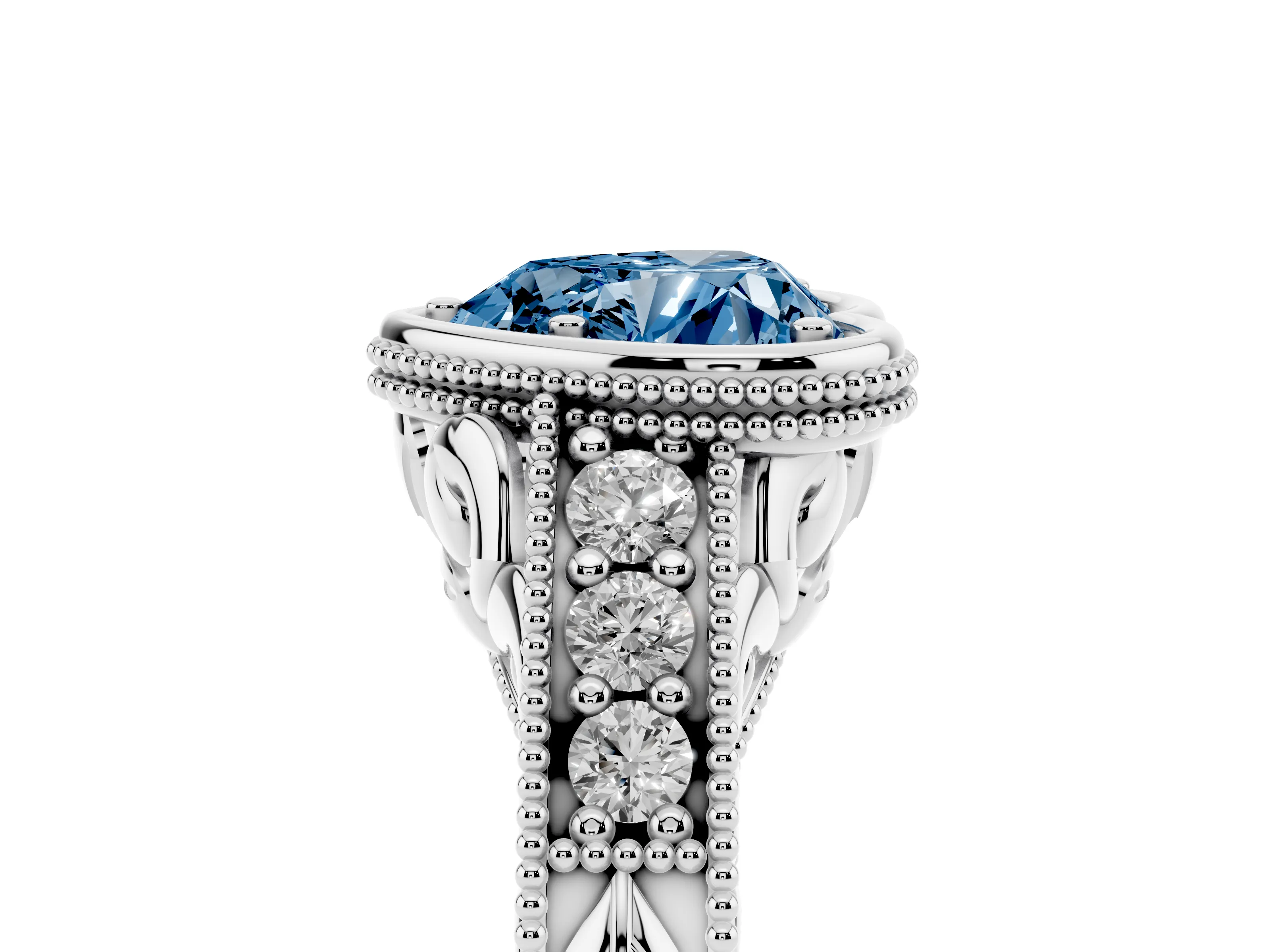 Fancy Blue Bezel Set Heart Cut Diamond Milgrain Pavé Engagement Ring Set in Silver