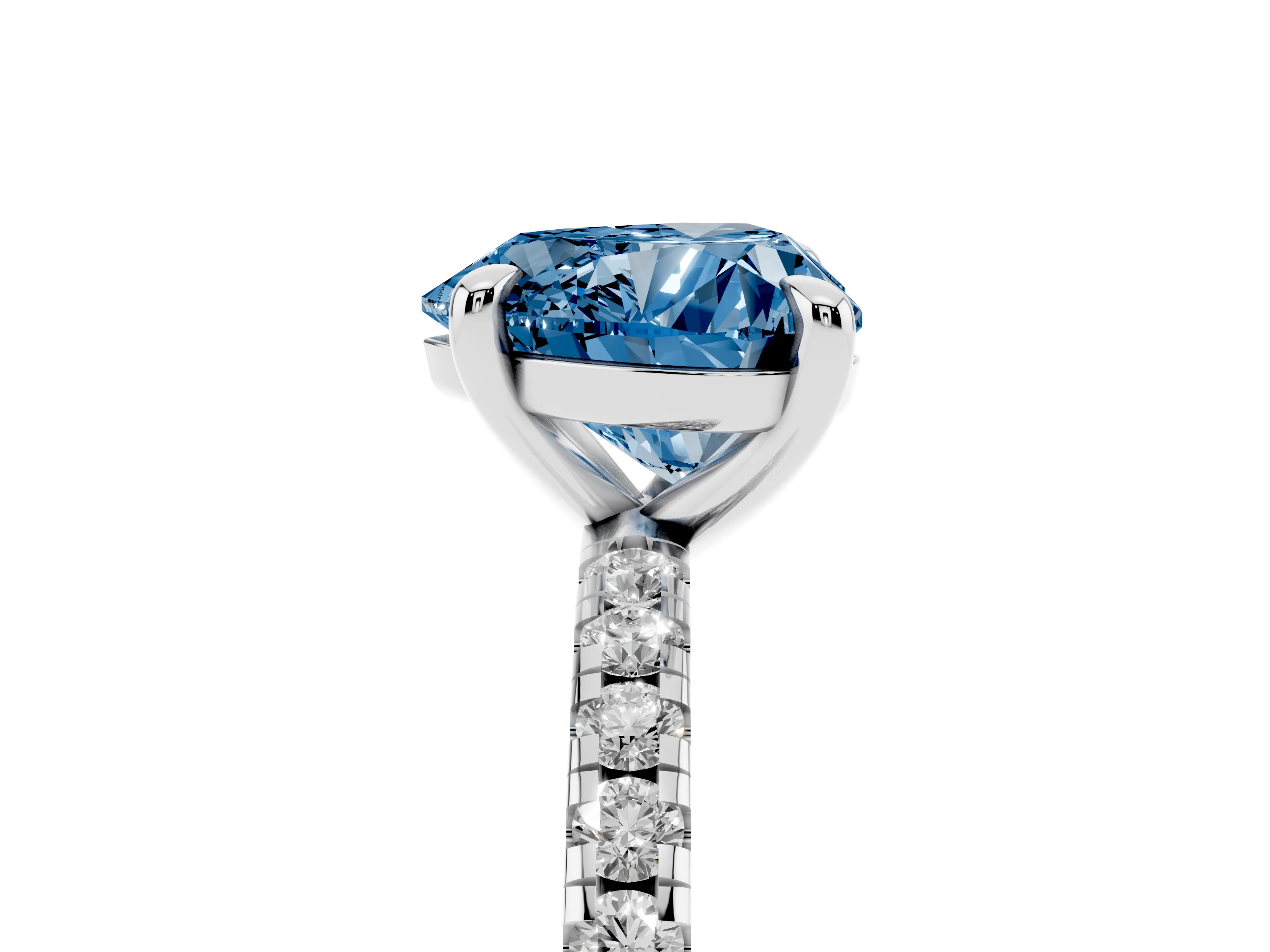 Fancy Blue Heart Cut Diamond Brilliant Solitaire Ring Set in White gold with Pavé Band and Prong Setting