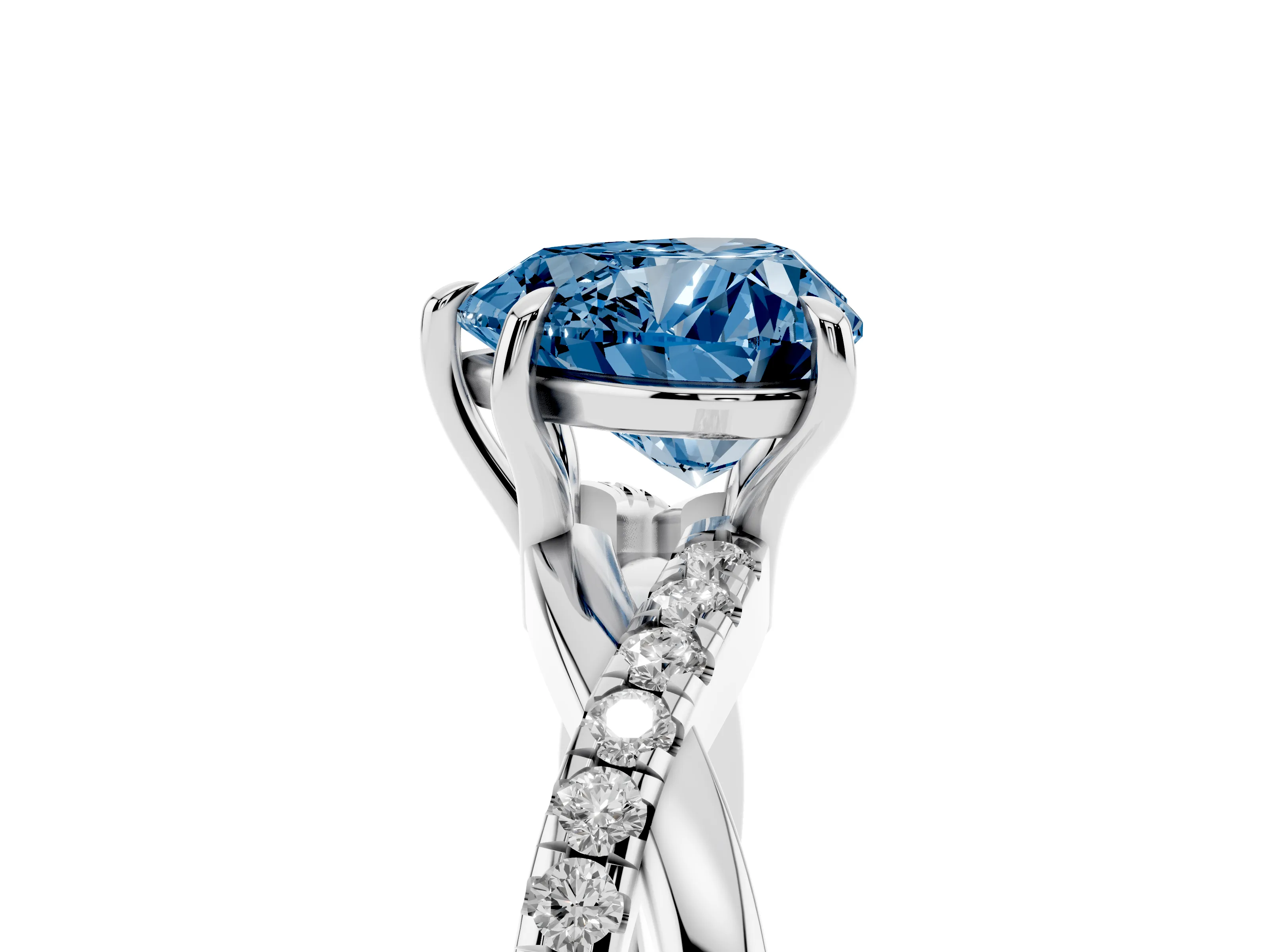Fancy Blue Heart Cut Diamond Twisted Pavé Band Ring Set in Silver with Prong Setting