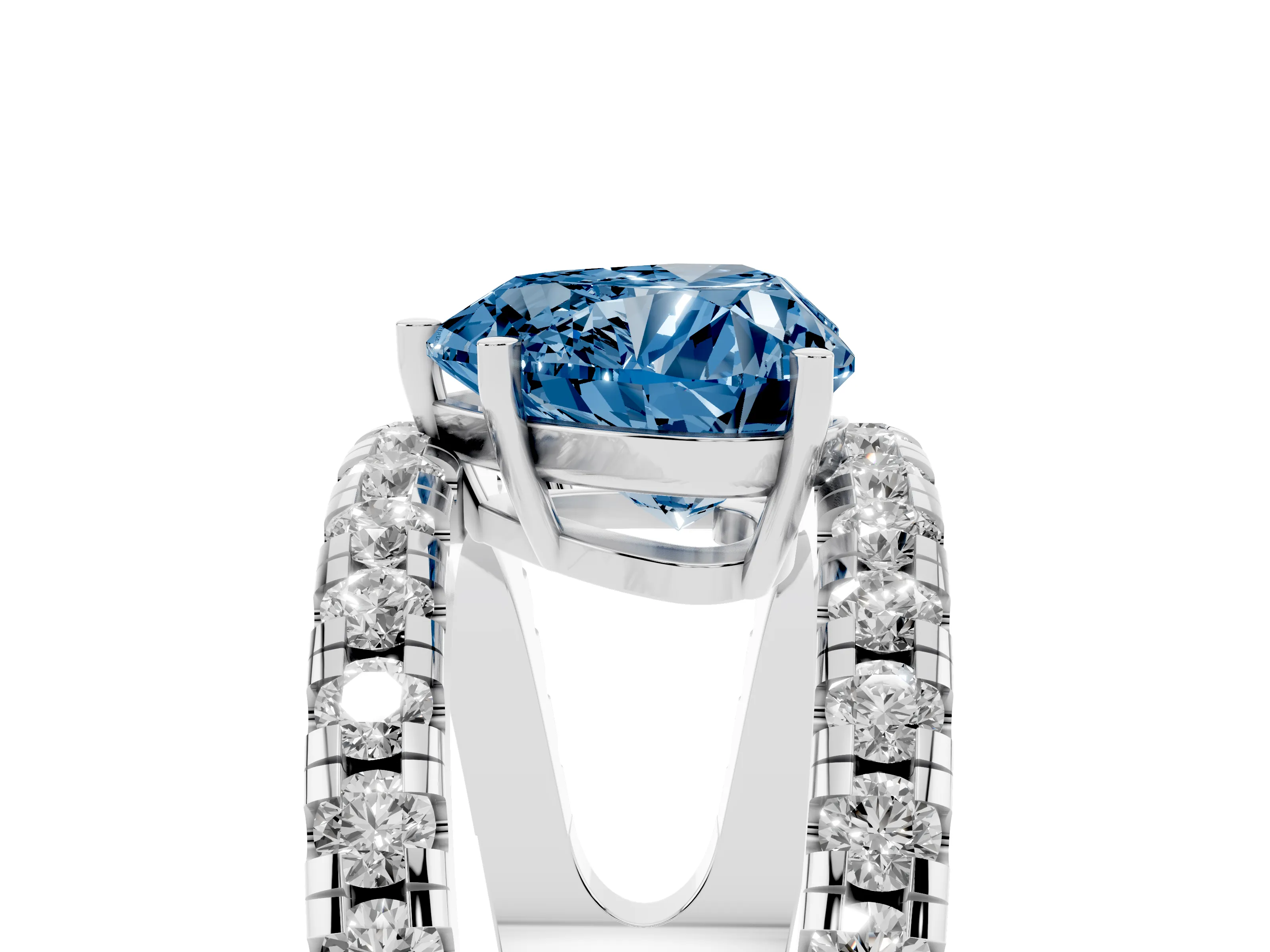 Fancy Blue Heart Cut Diamond Split Shank Pavé Solitaire Ring Set in Platinum with Open Shank Design