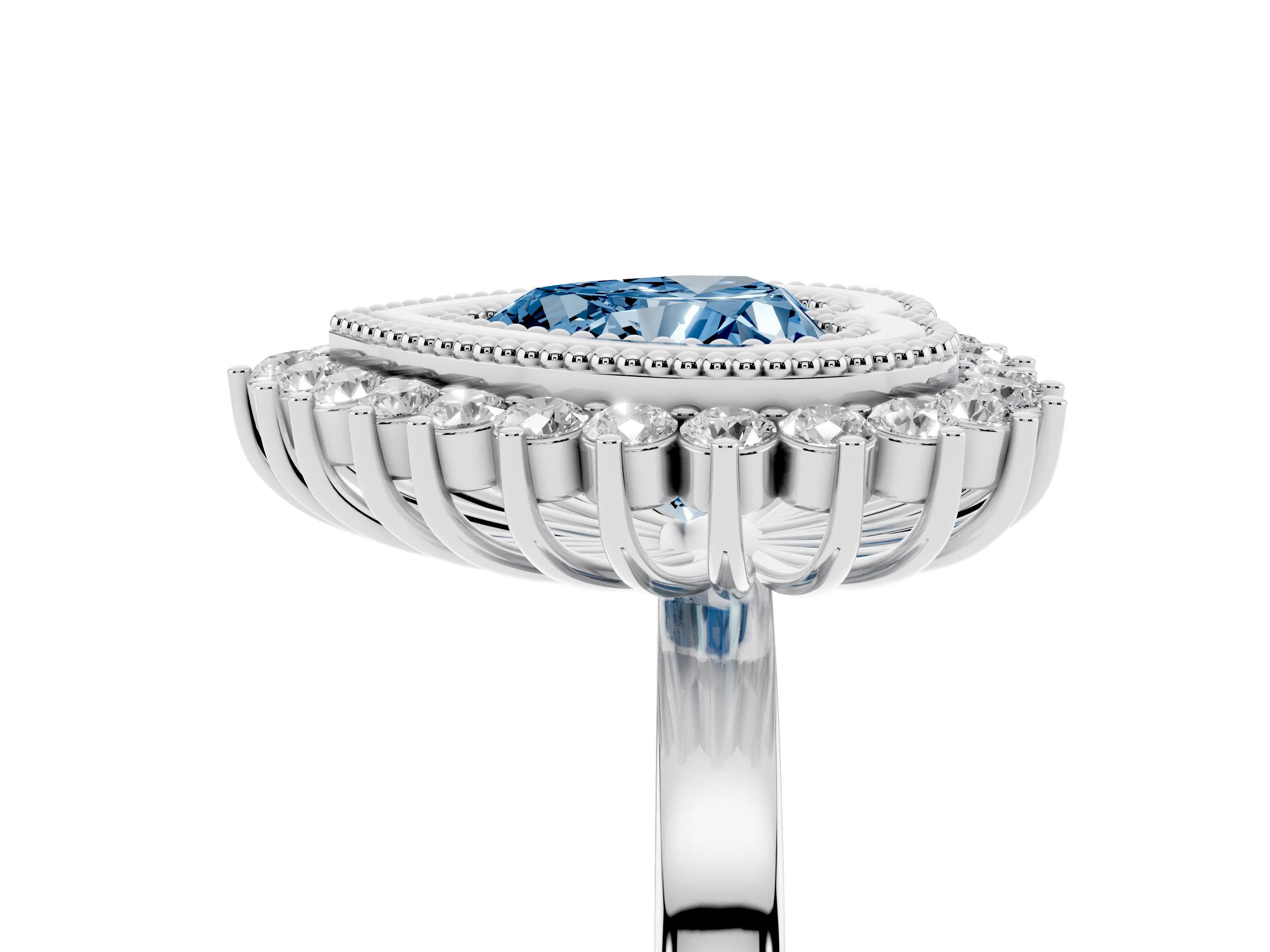 Fancy Blue Heart Cut Diamond Halo Ring Set in Platinum with Milgrain Edge and Round Prong Setting