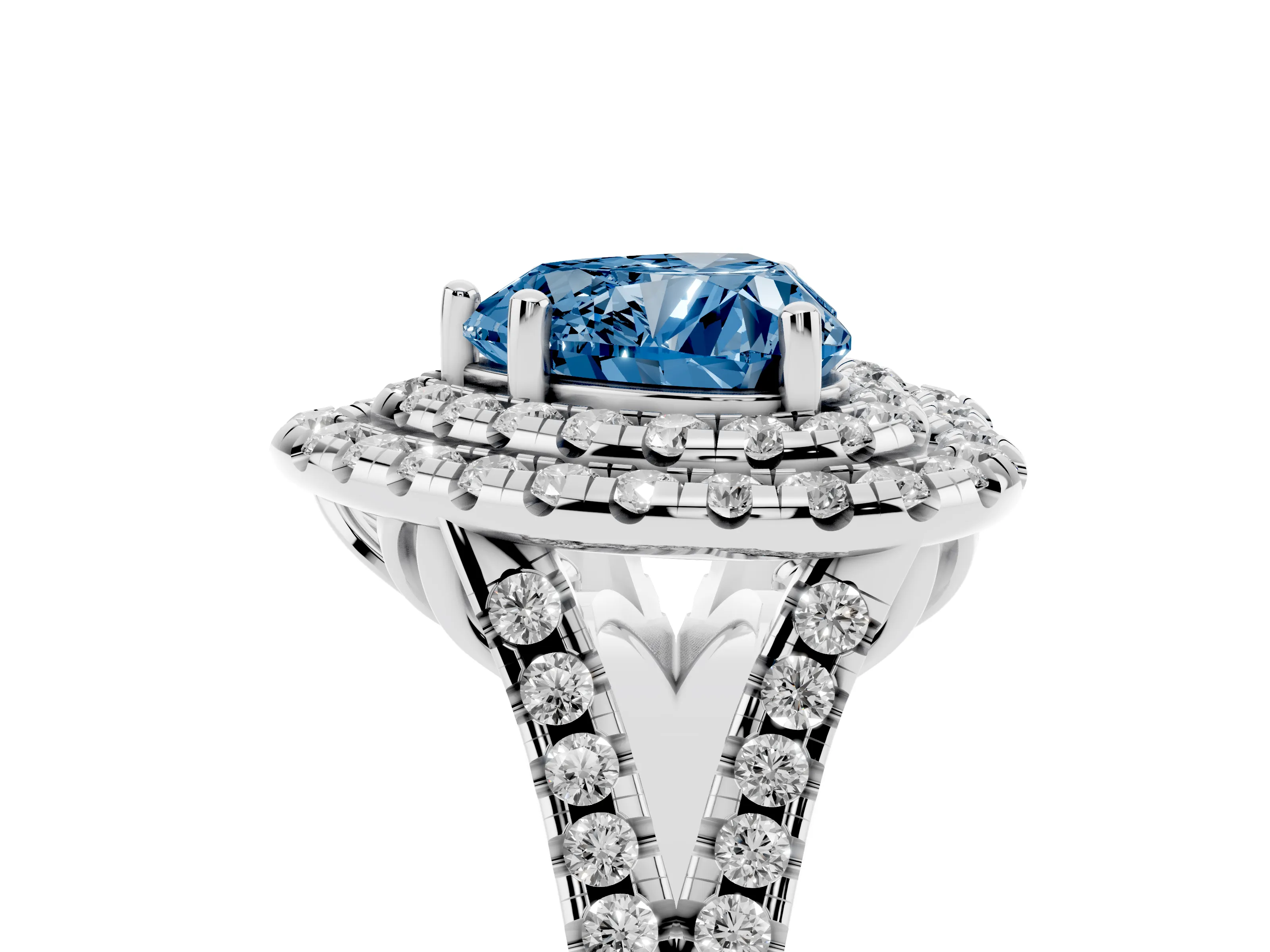 Fancy Blue Heart Cut Diamond Double Halo Ring Set in Silver with Pavé Split Shank and Prong Setting