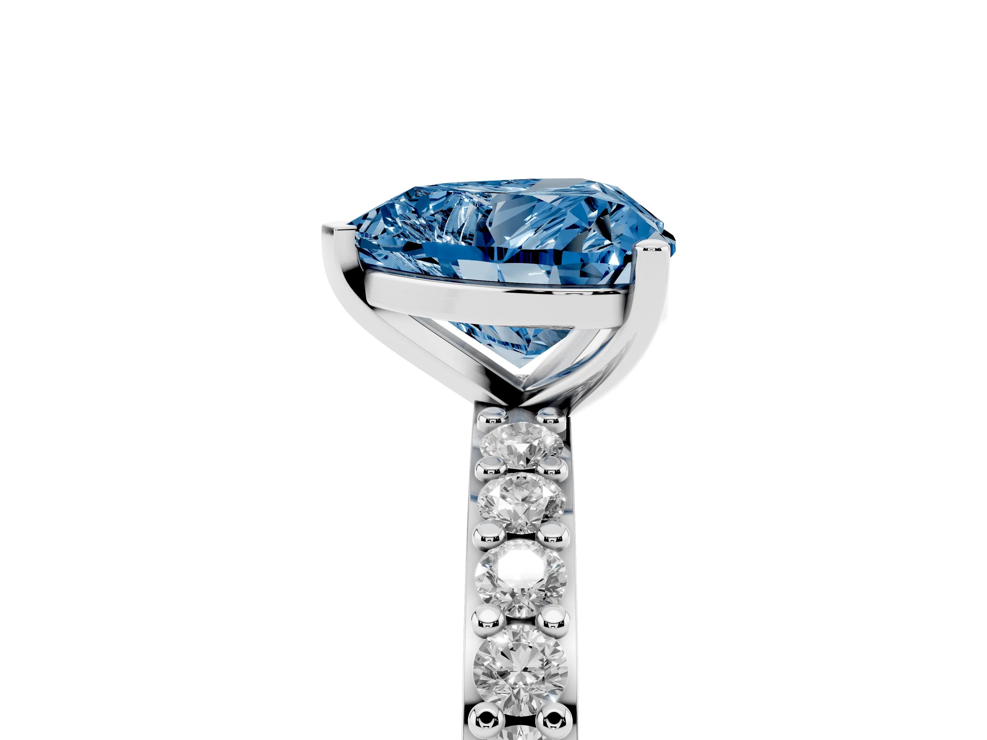 Fancy Blue Heart Cut Diamond Solitaire Set in White gold with Round Pavé Band and Prong Setting