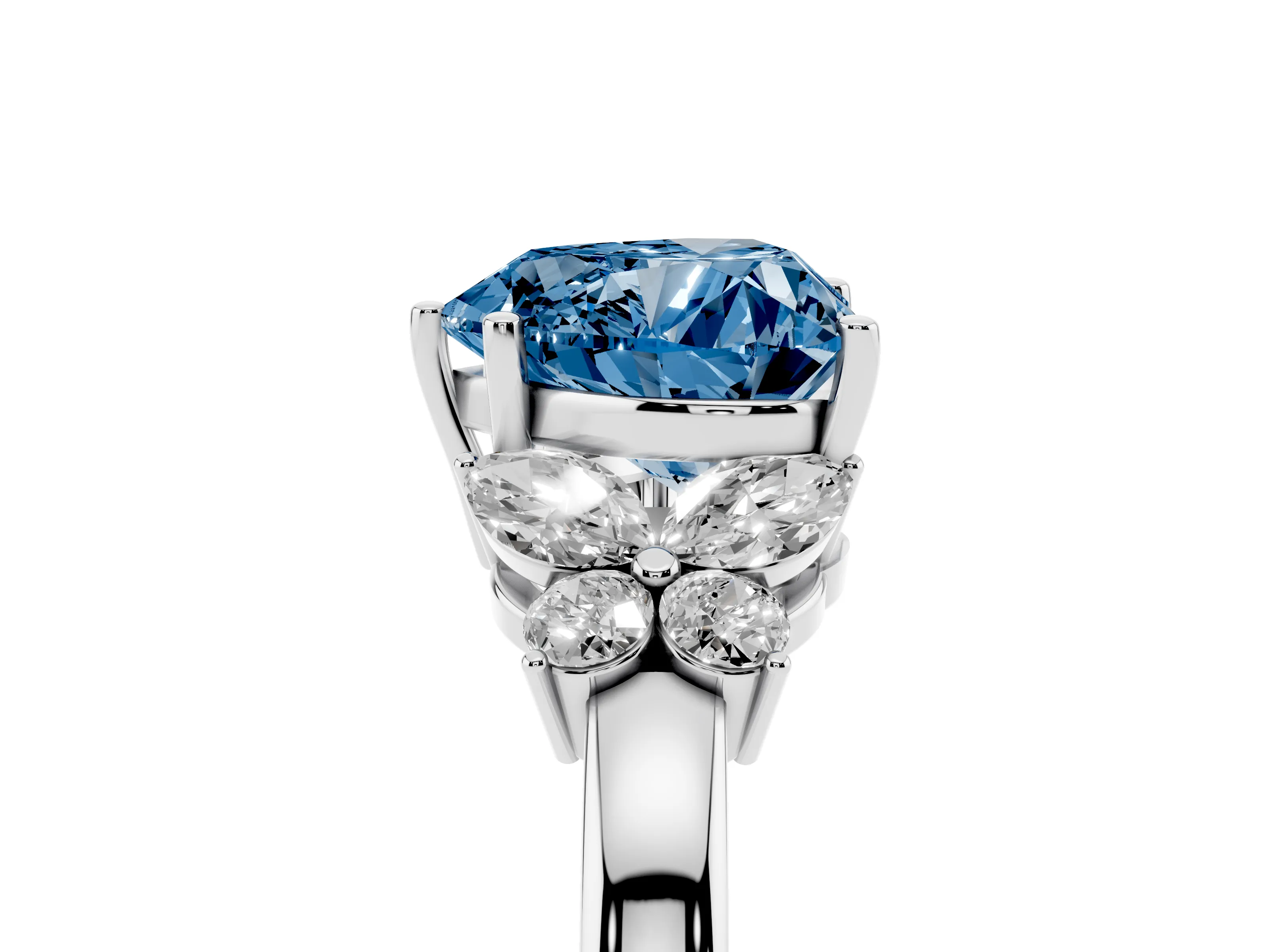 Fancy Blue Heart Cut Diamond Solitaire Floral Ring Set in Platinum with Marquise Petals and Prong Setting