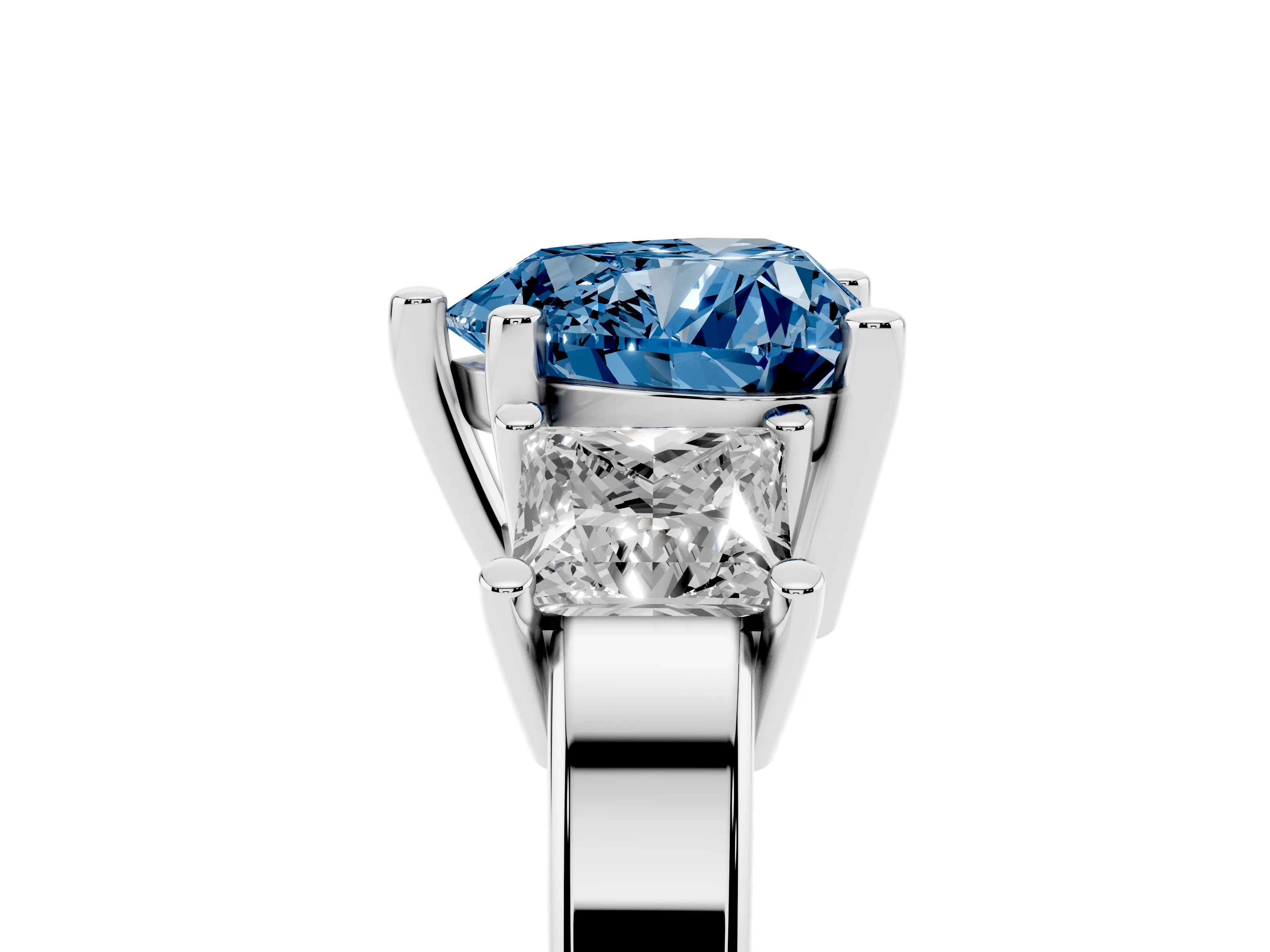 Fancy Blue Three-Stone Heart Cut Diamond Solitaire Ring Set in Silver with Prong Setting