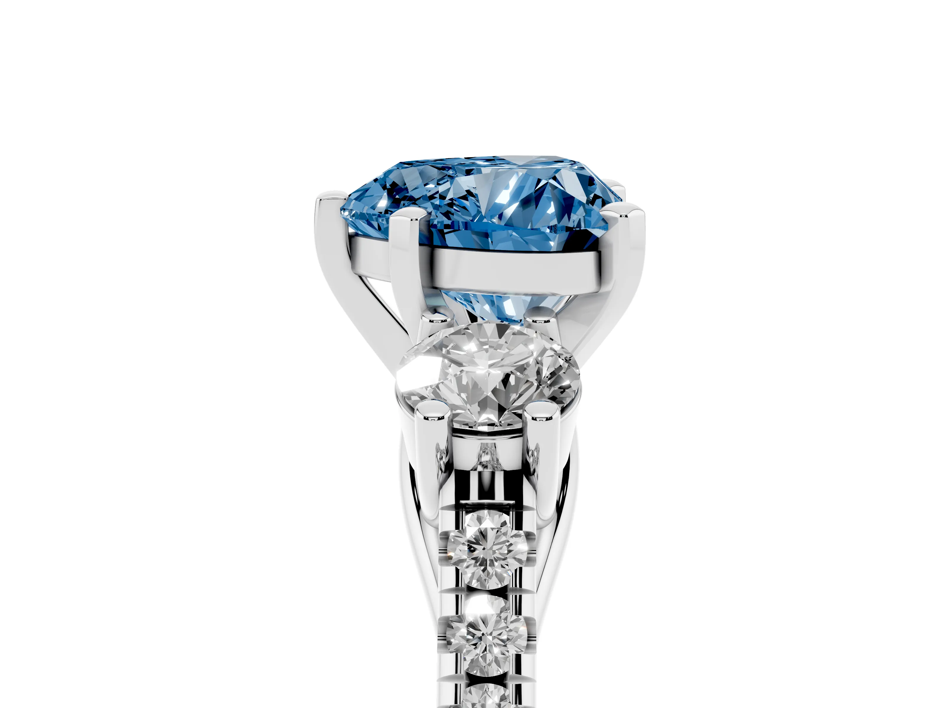 Fancy Blue Three-Stone Heart Cut Diamond Pavé Band Ring Set in Silver with Prong-Set Trio