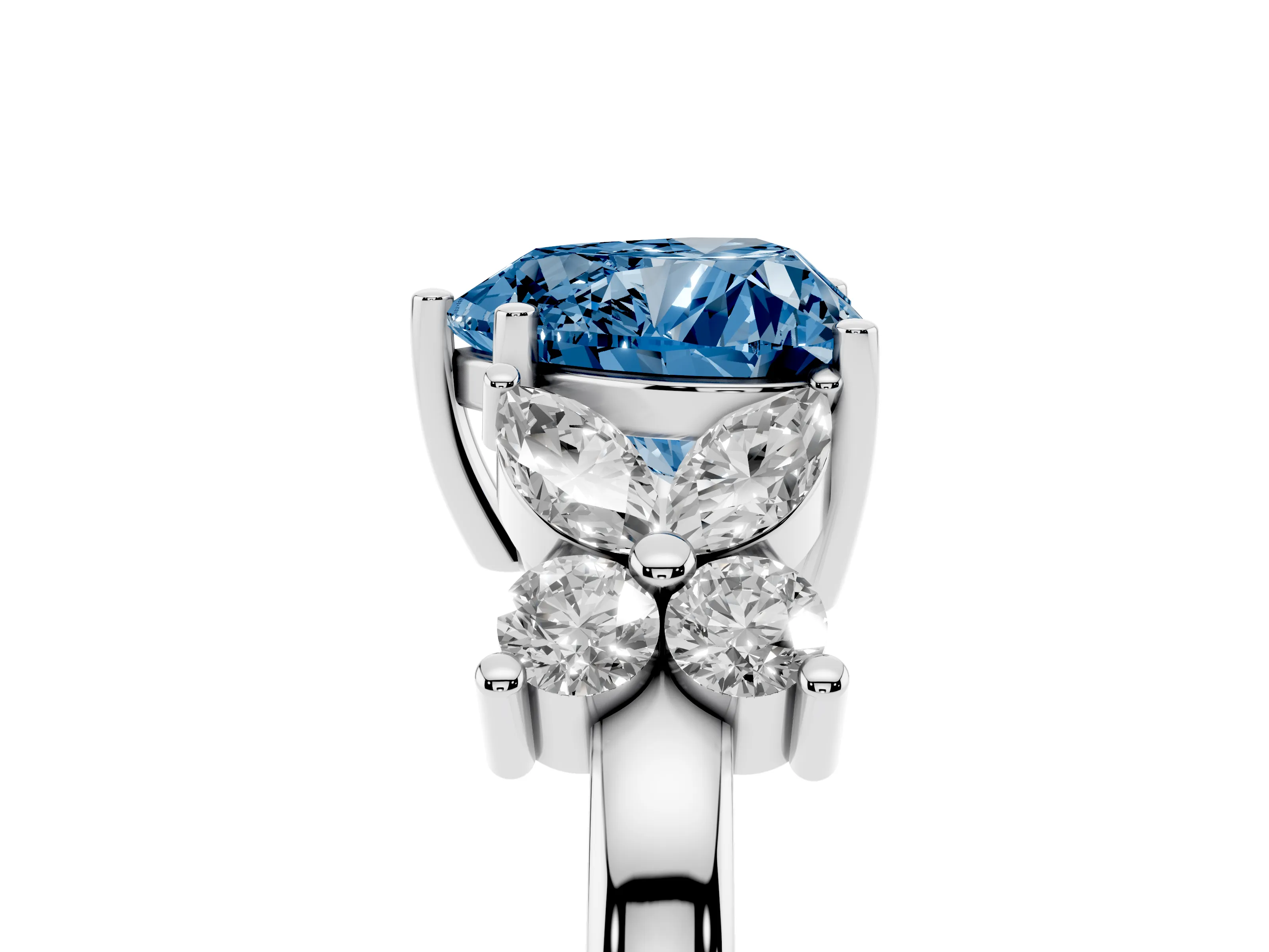 Fancy Blue Heart Cut Diamond Floral Cluster Ring Set in Silver with Marquise Petals and Prong Setting