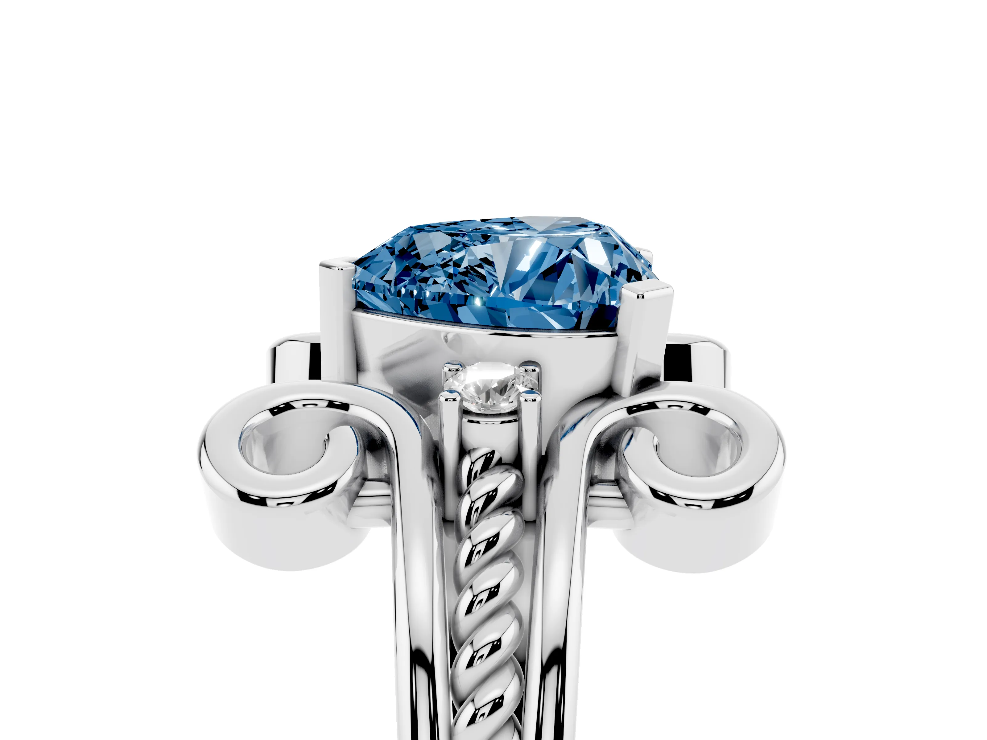 Fancy Blue Heart Cut Diamond Twisted Band Solitaire Ring Set in Platinum with Scroll Prongs