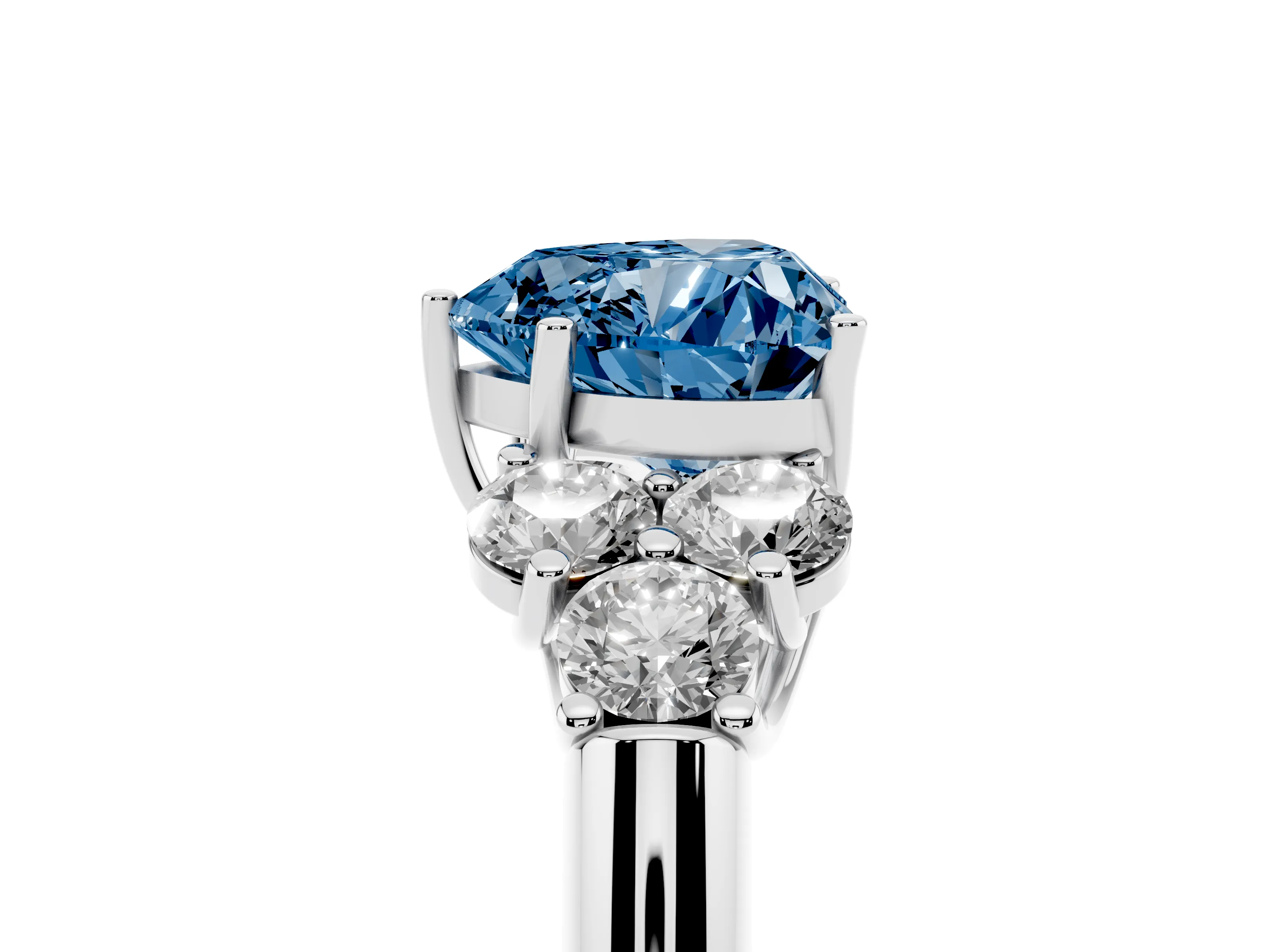 Fancy Blue Heart Cut Diamond Cluster Ring Set in Platinum with Round Accent Stones and Prong Setting on a Plain Band