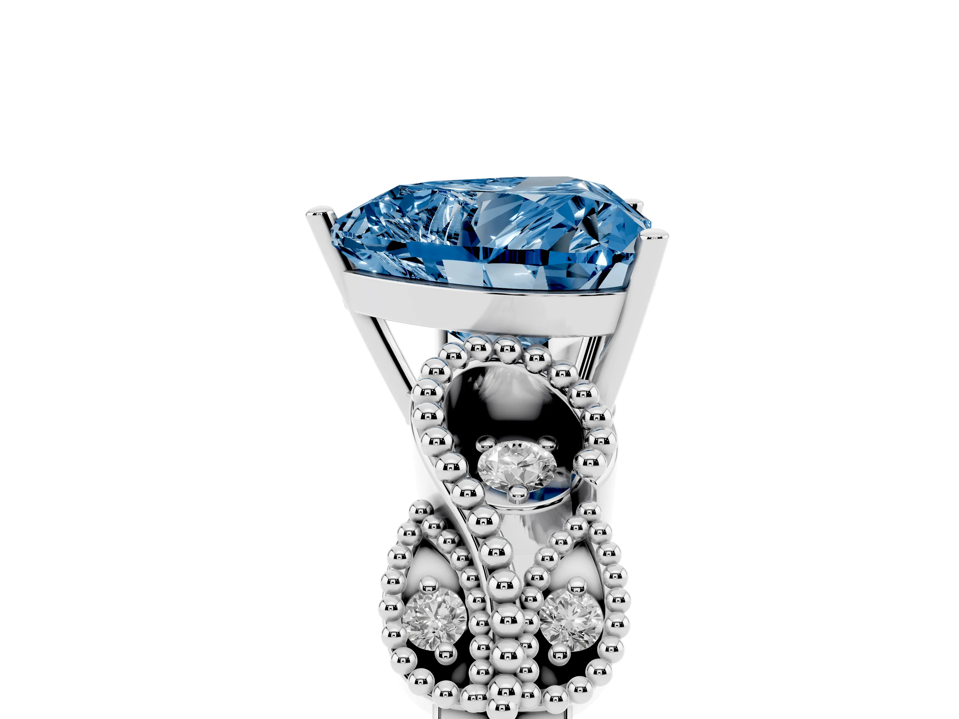 Fancy Blue Heart Cut Diamond Milgrain Leaf Band Solitaire Ring Set in White gold with Accent Stones and Prong Setting