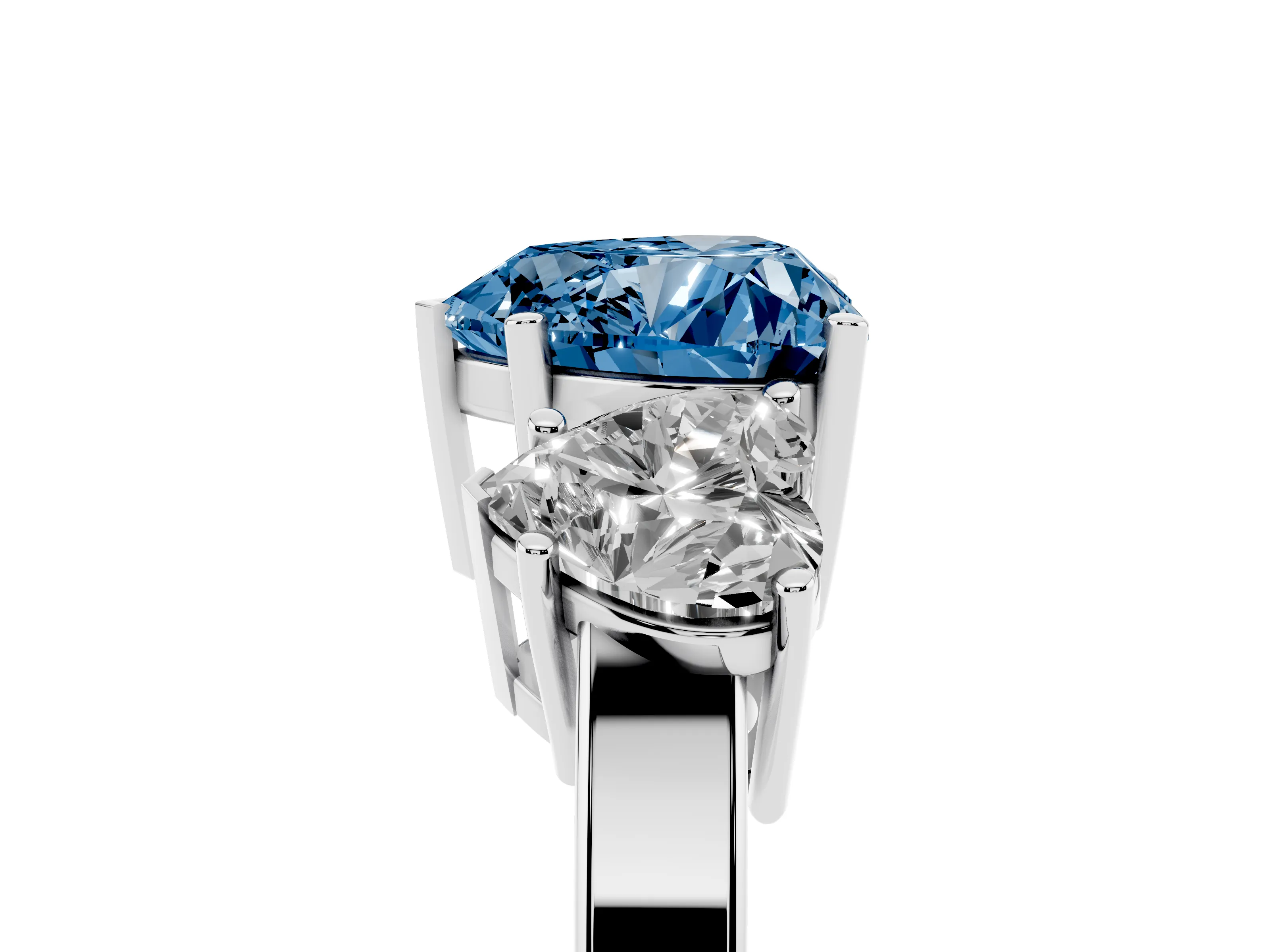 Fancy Blue Heart Cut Diamond Three-Stone Engagement Ring Set in Silver with Flat Band