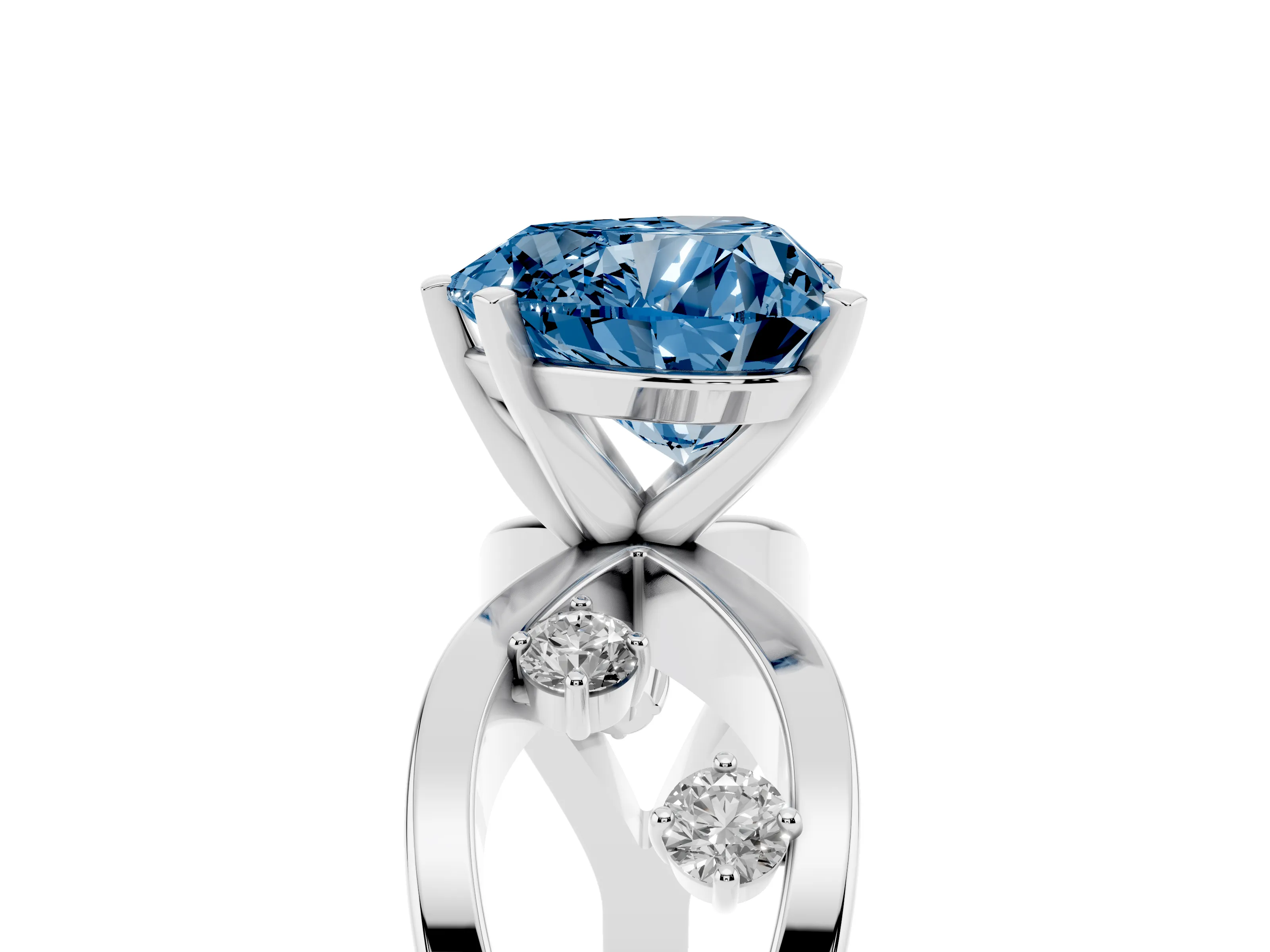 Fancy Blue Heart Cut Diamond Solitaire Ring Set in Platinum with Side Stones on Criss-Cross Band and Prong Setting
