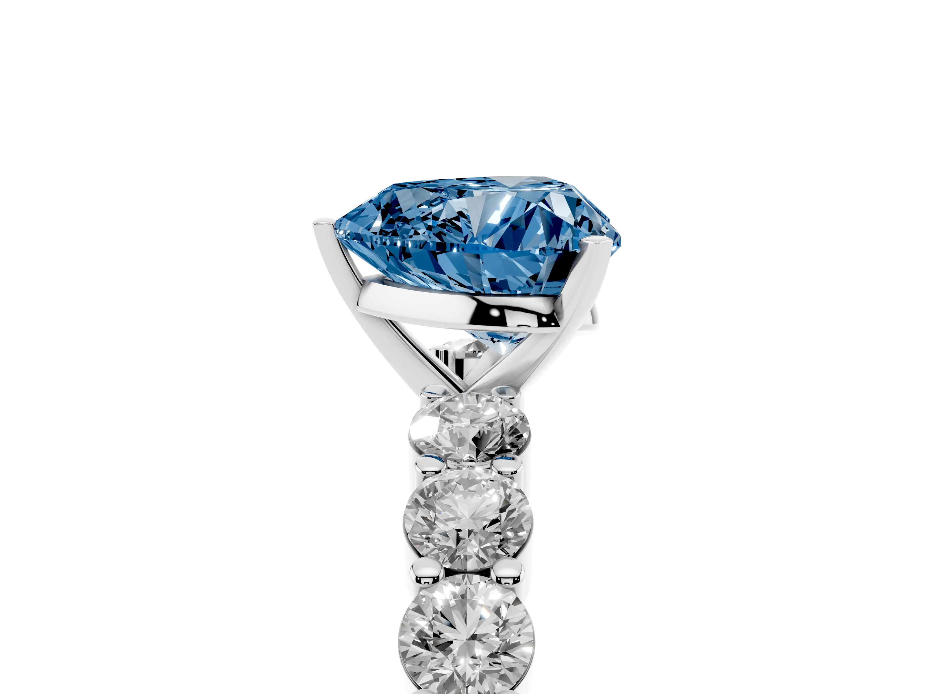Fancy Blue Heart Cut Diamond Solitaire Ring Set in White gold with Shared Prong Round Side Stones