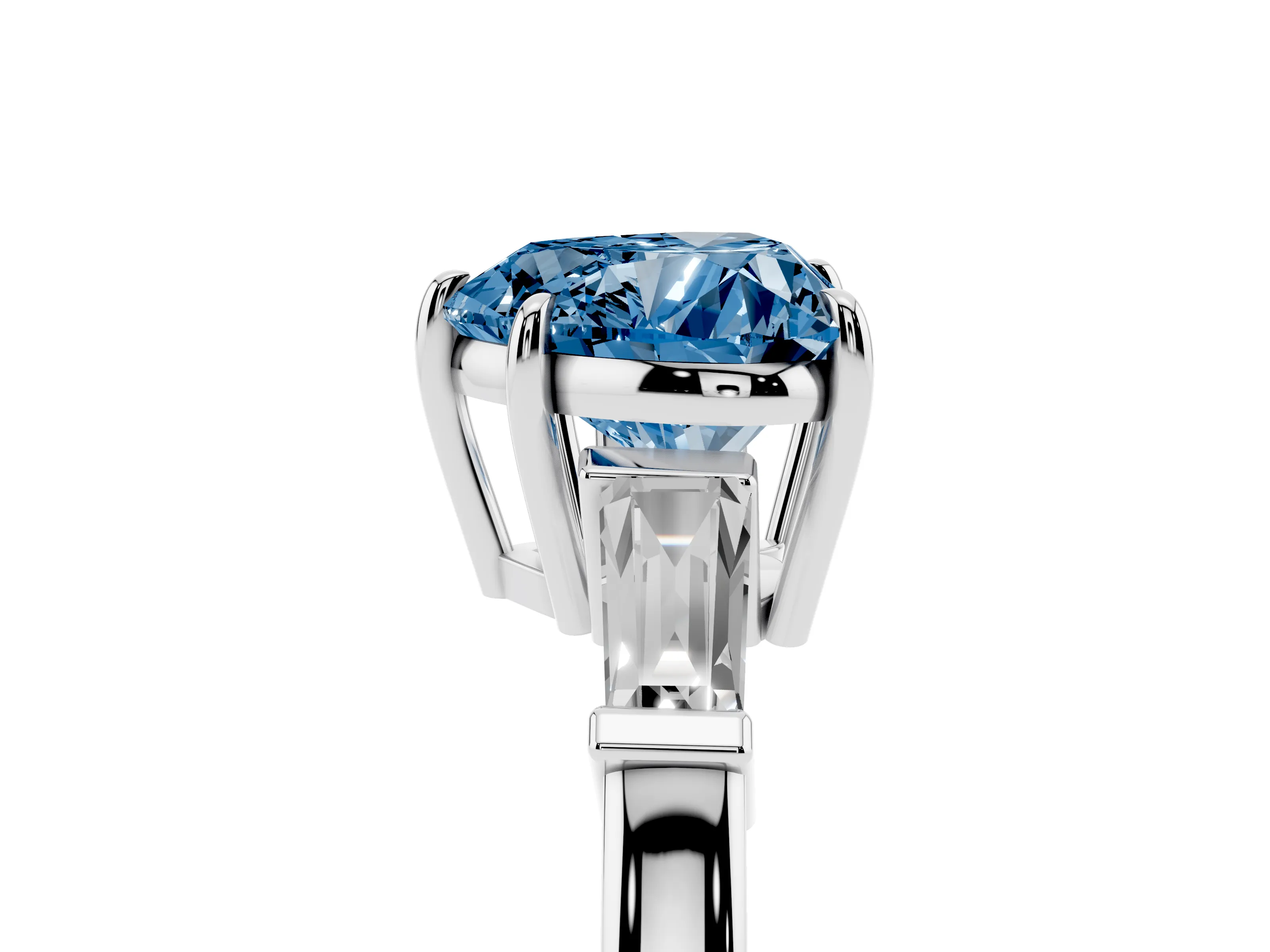 Fancy Blue Heart Cut Diamond Three-Stone Ring Set in Platinum with Tapered Baguette Side Stones and Prong Setting