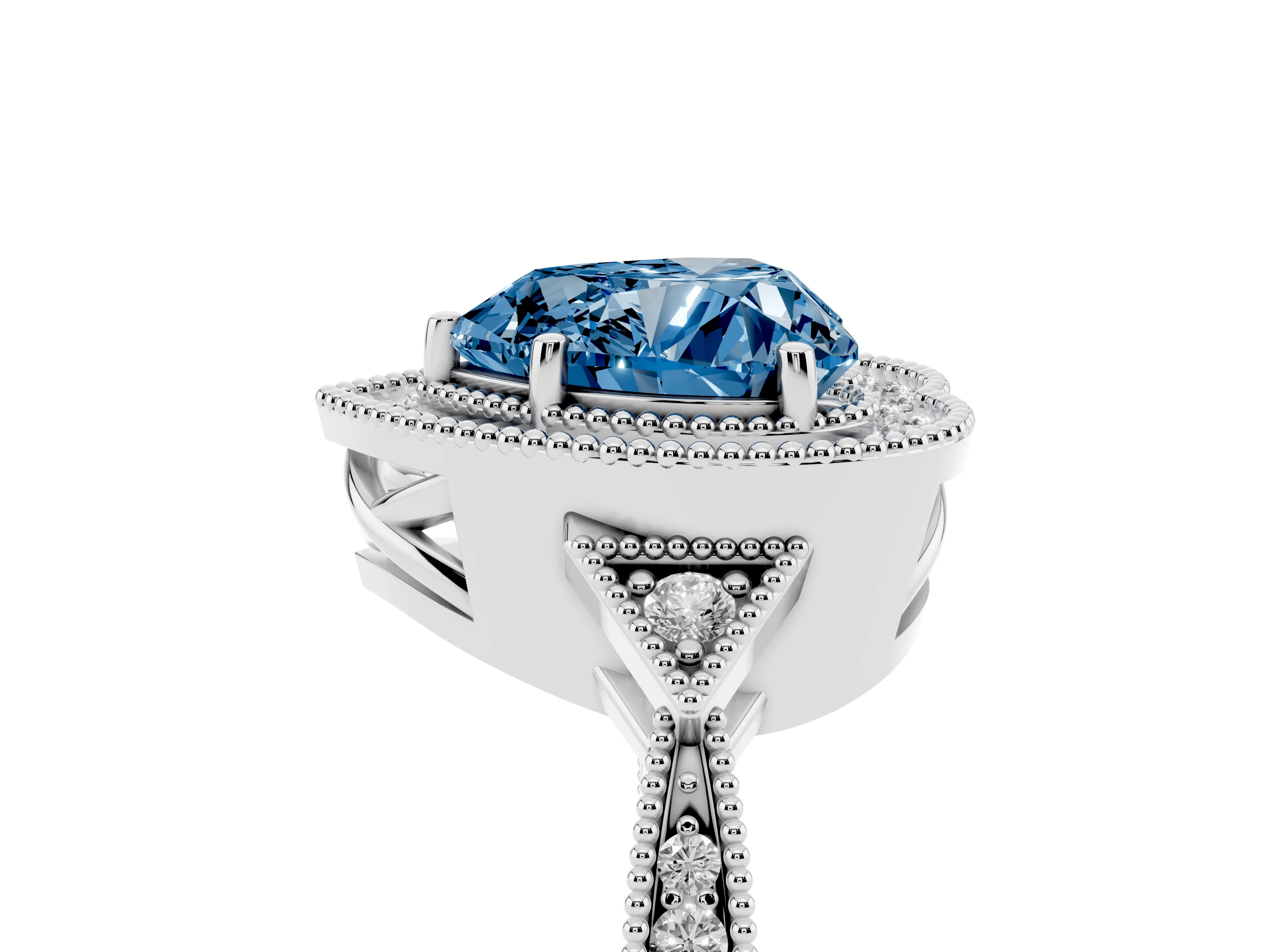 Fancy Blue Heart Cut Diamond Halo Engagement Ring Set in Platinum with Milgrain Pavé Band