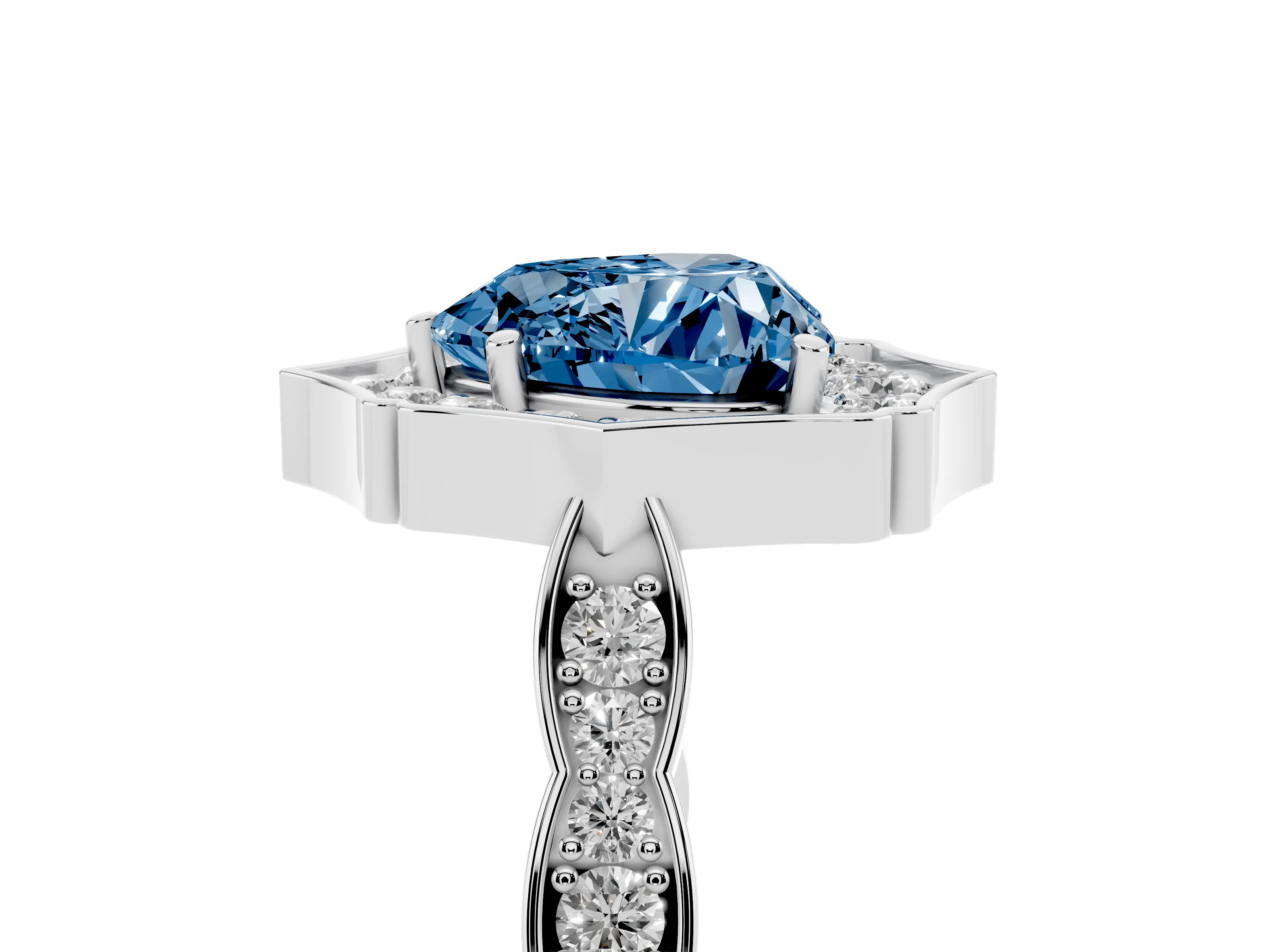 Fancy Blue Heart Cut Diamond Halo Engagement Ring Set in White gold with Milgrain Band and Prong Setting