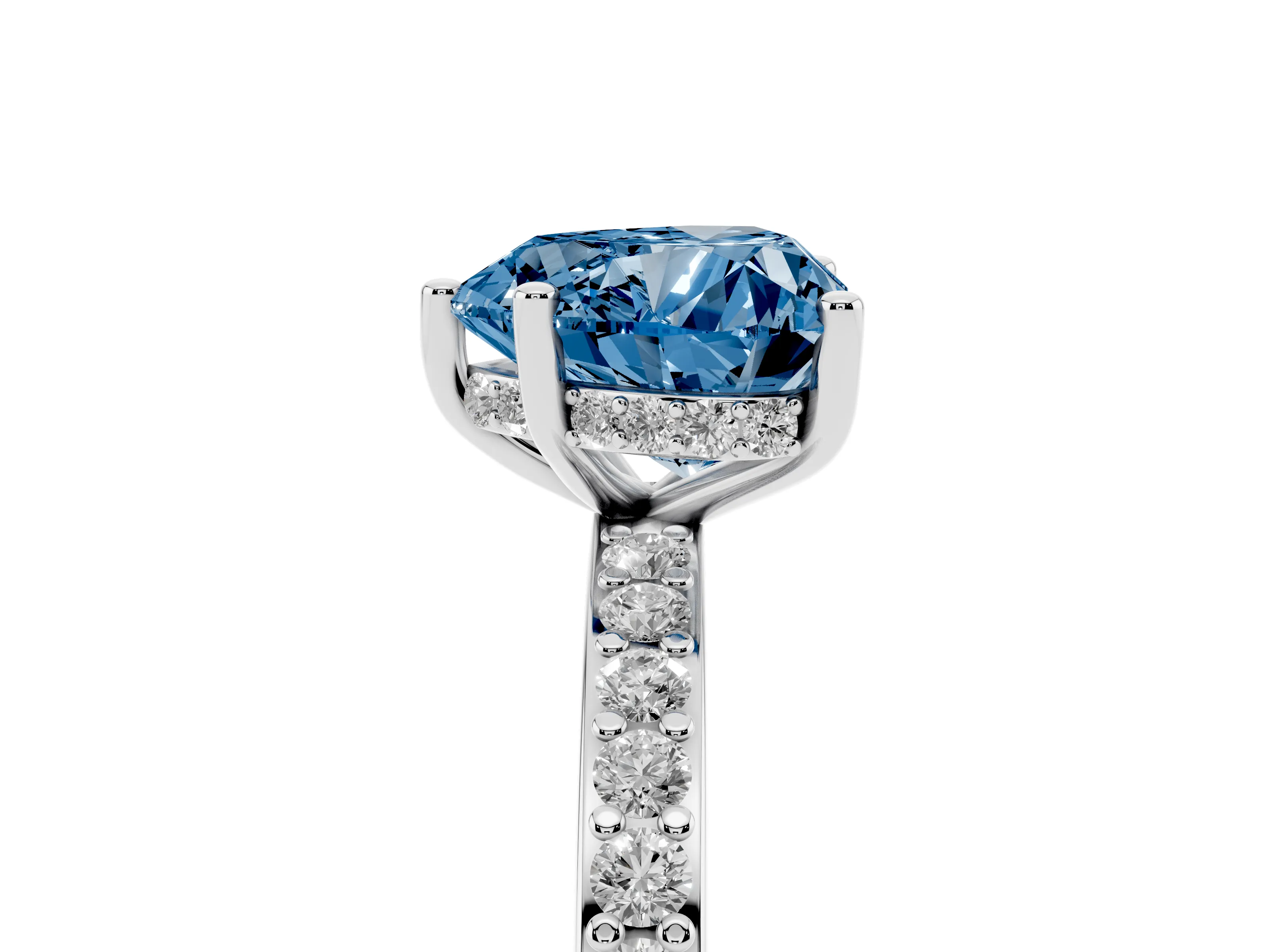 Fancy Blue Heart Cut Diamond Pavé Band Ring Set in White gold with Prong-Set Center Stone