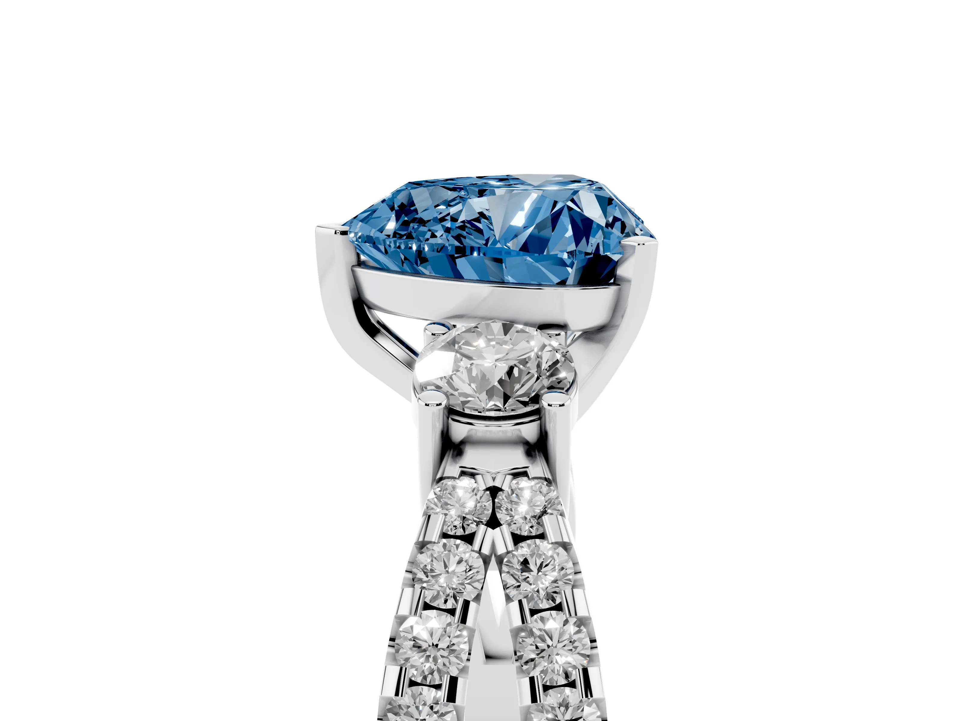 Fancy Blue Heart Cut Diamond Three-Stone Ring Set in White gold with Pavé Split Shank and Prong Setting