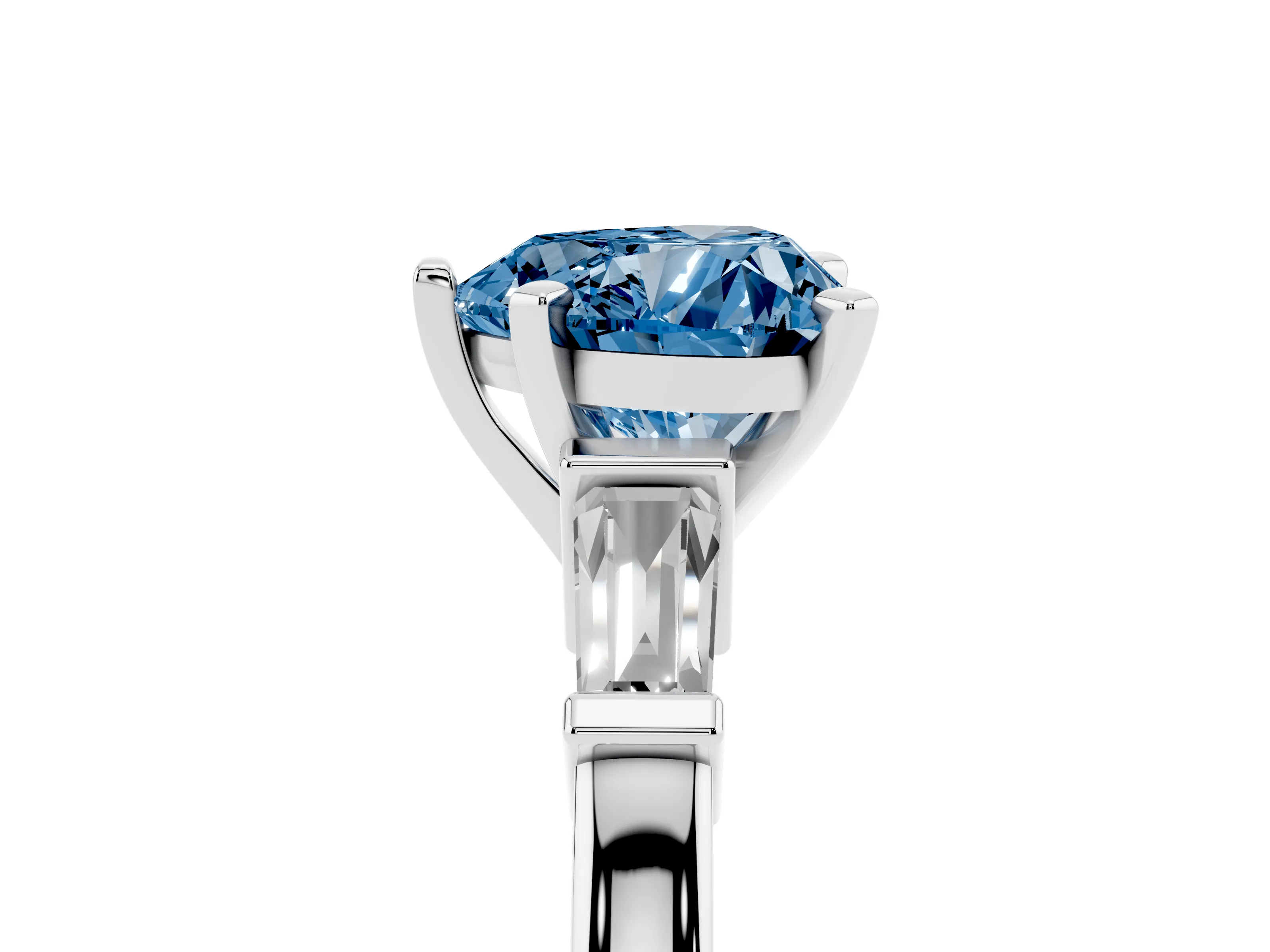 Fancy Blue Heart Cut Diamond Solitaire Ring Set in Silver with Tapered Baguette Accents and Prong Setting