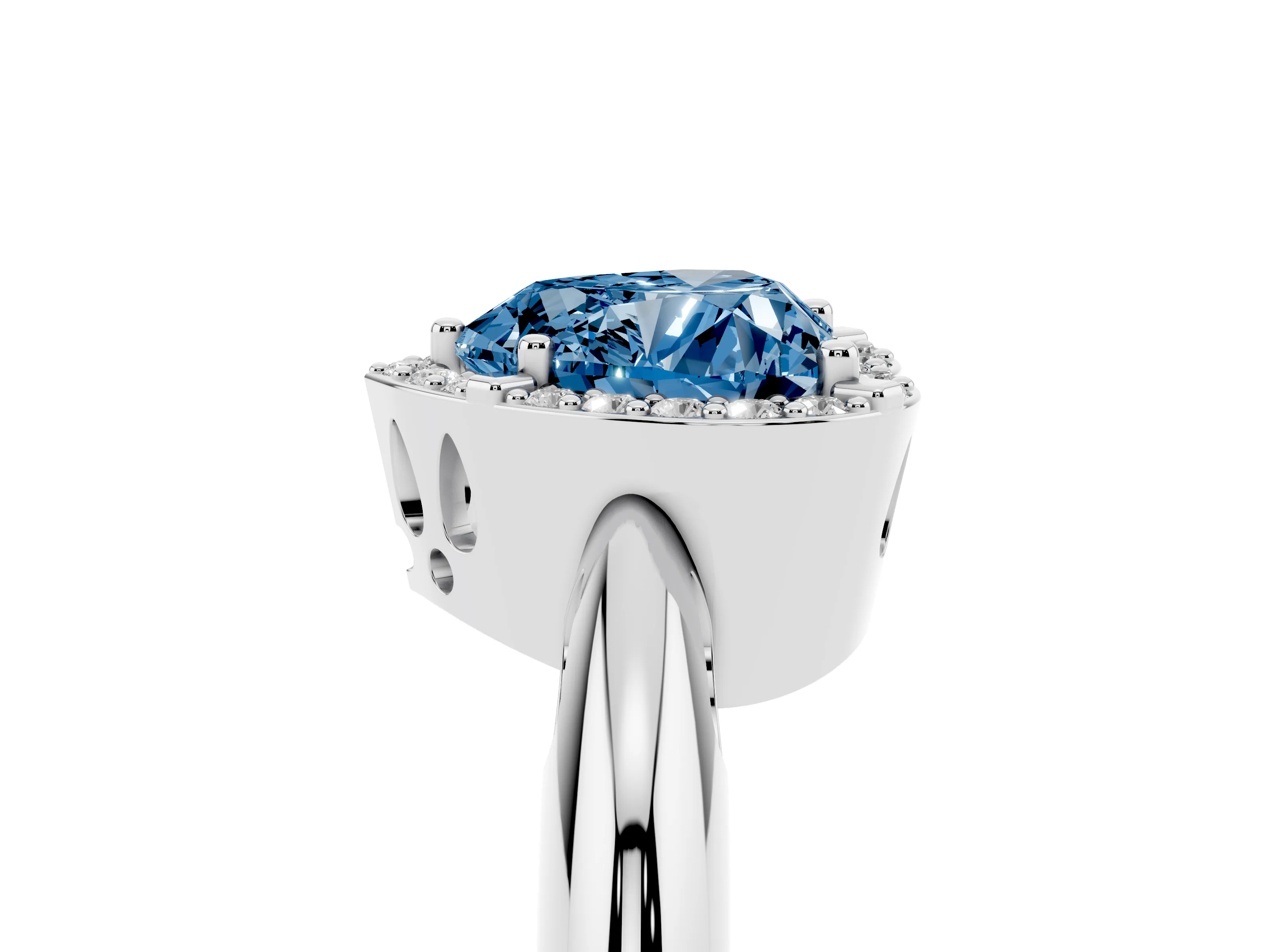 Fancy Blue Heart Cut Diamond Halo Engagement Ring Set in Platinum with Plain Split Shank and Prong Setting