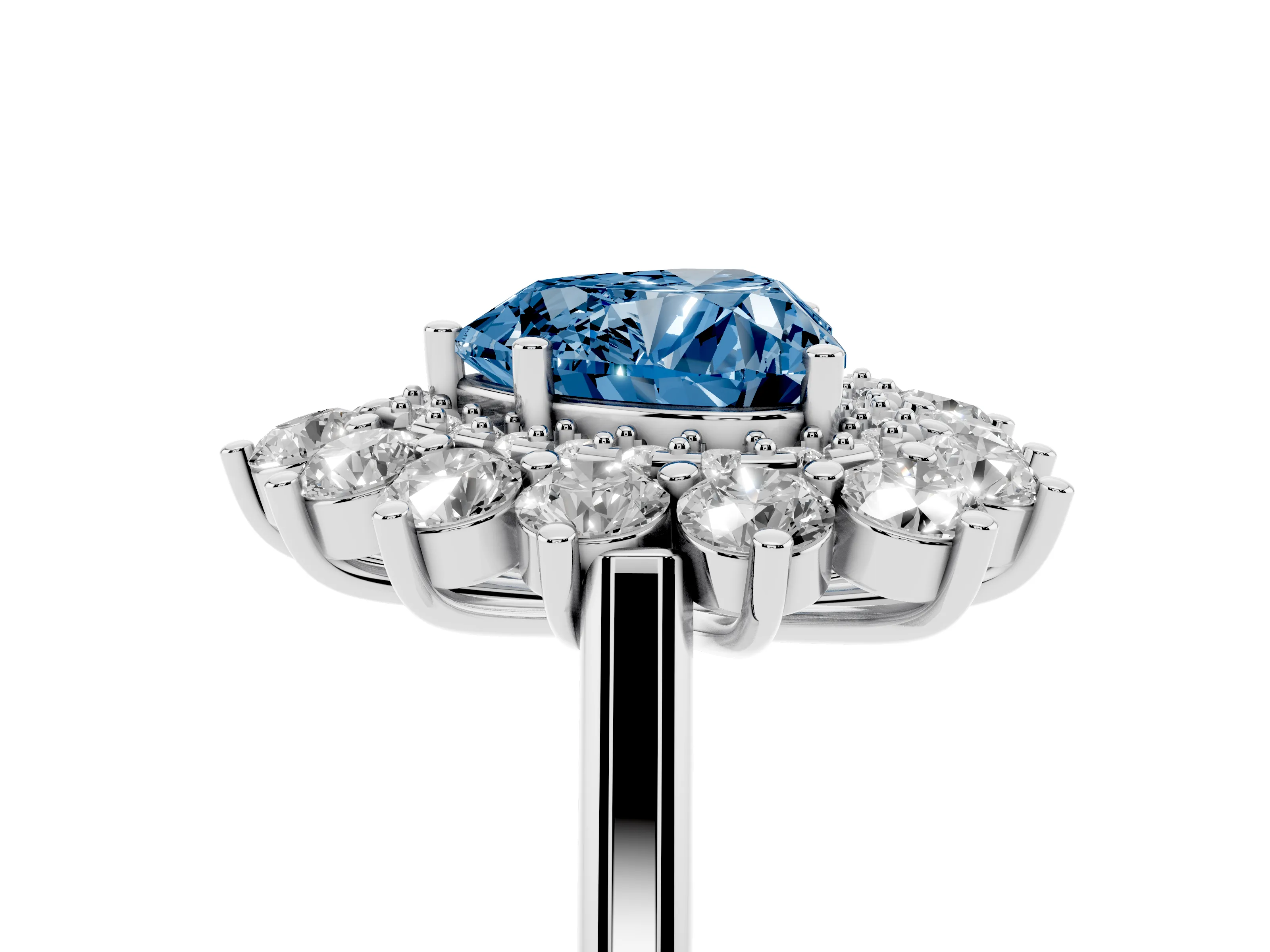 Fancy Blue Heart Cut Diamond Floral Double Halo Ring Set in Platinum with Round Petals