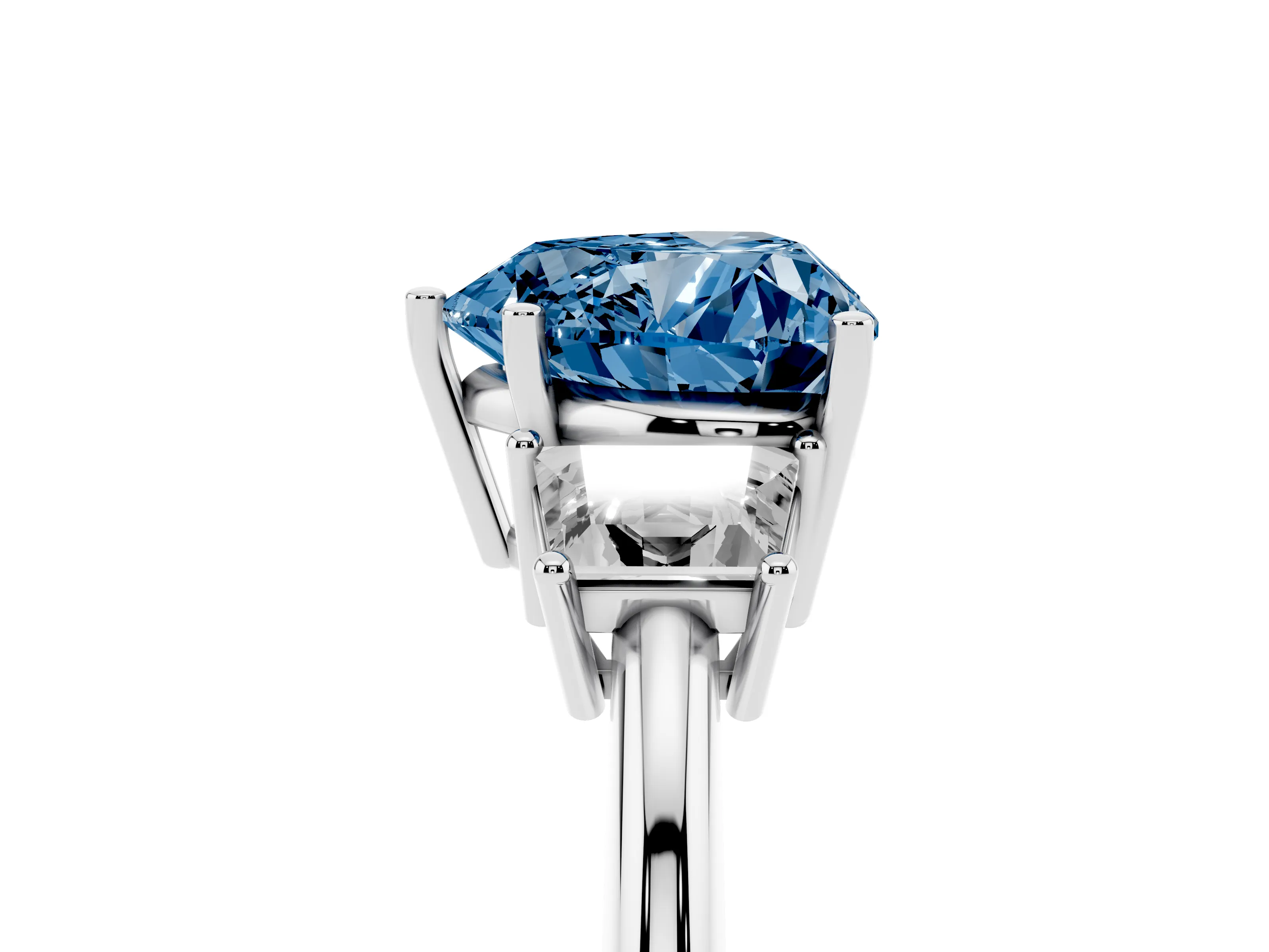 Fancy Blue Heart Cut Diamond Three-Stone Ring Set in Silver with Trapezoid Side Stones and Prong Setting