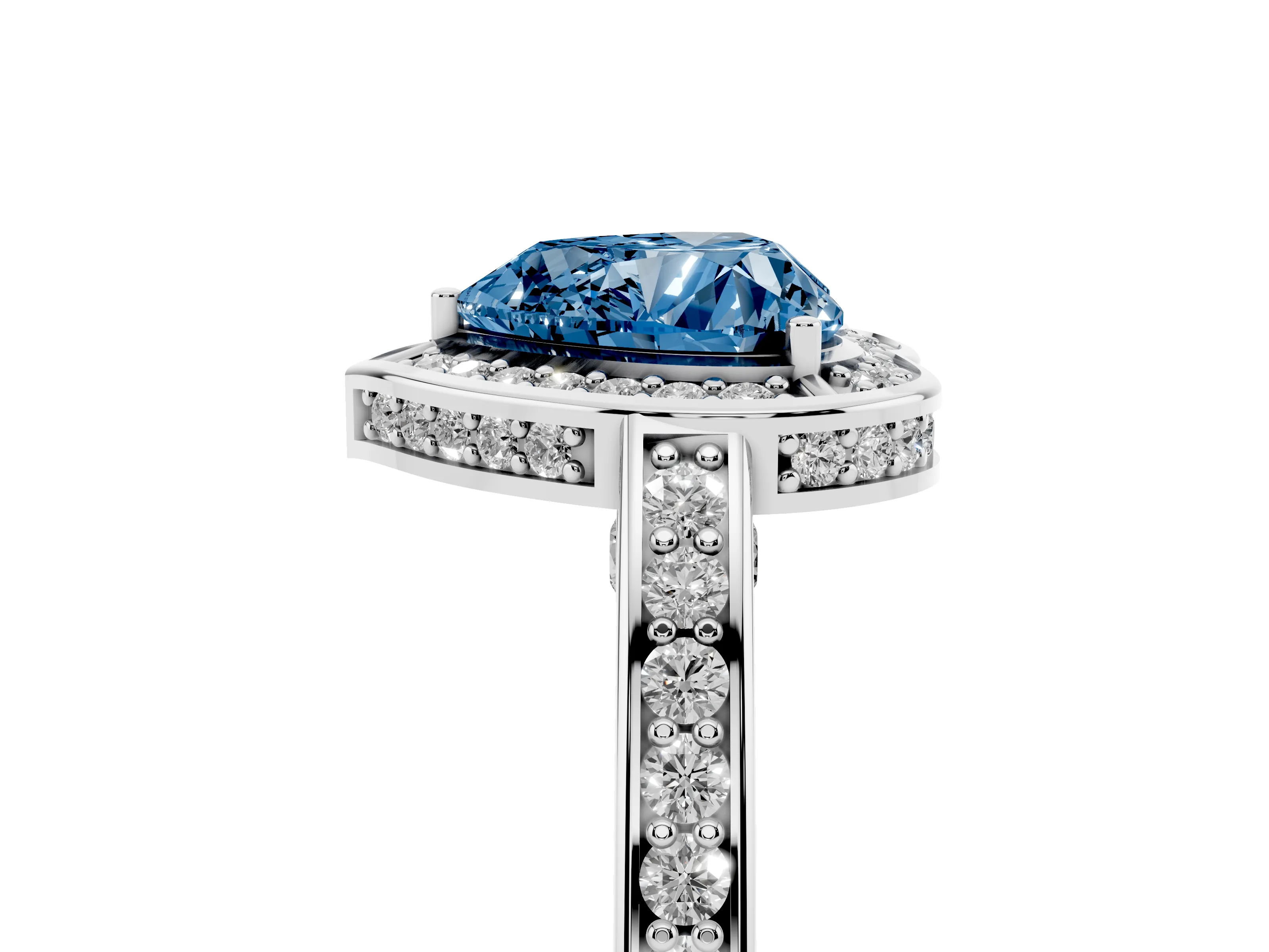 Fancy Blue Heart Cut Diamond Halo Pavé Split Shank Ring Set in White gold with Prong Setting