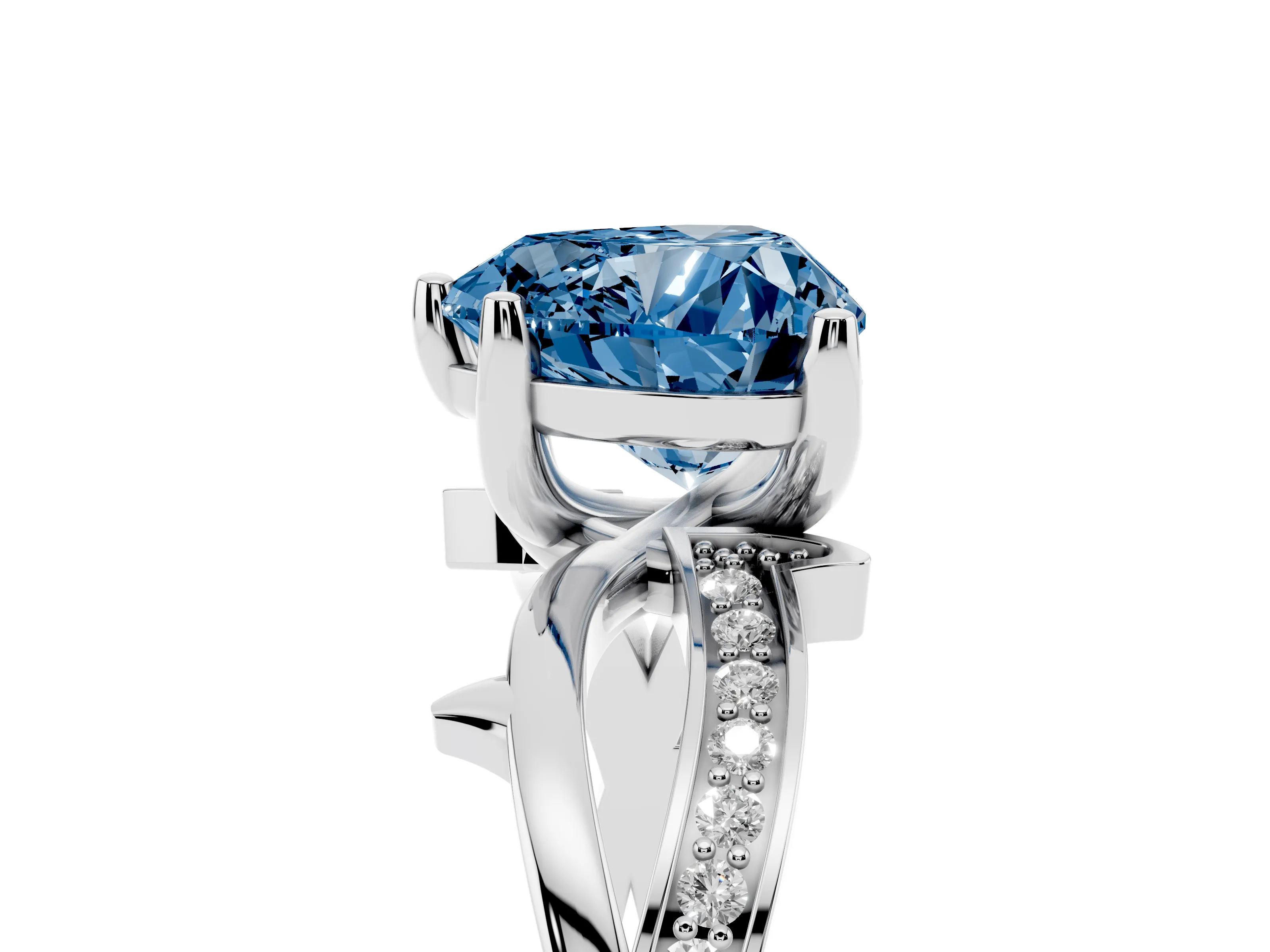 Fancy Blue Heart Cut Diamond Pavé Twist Band Solitaire Ring Set in White gold with Prong Setting